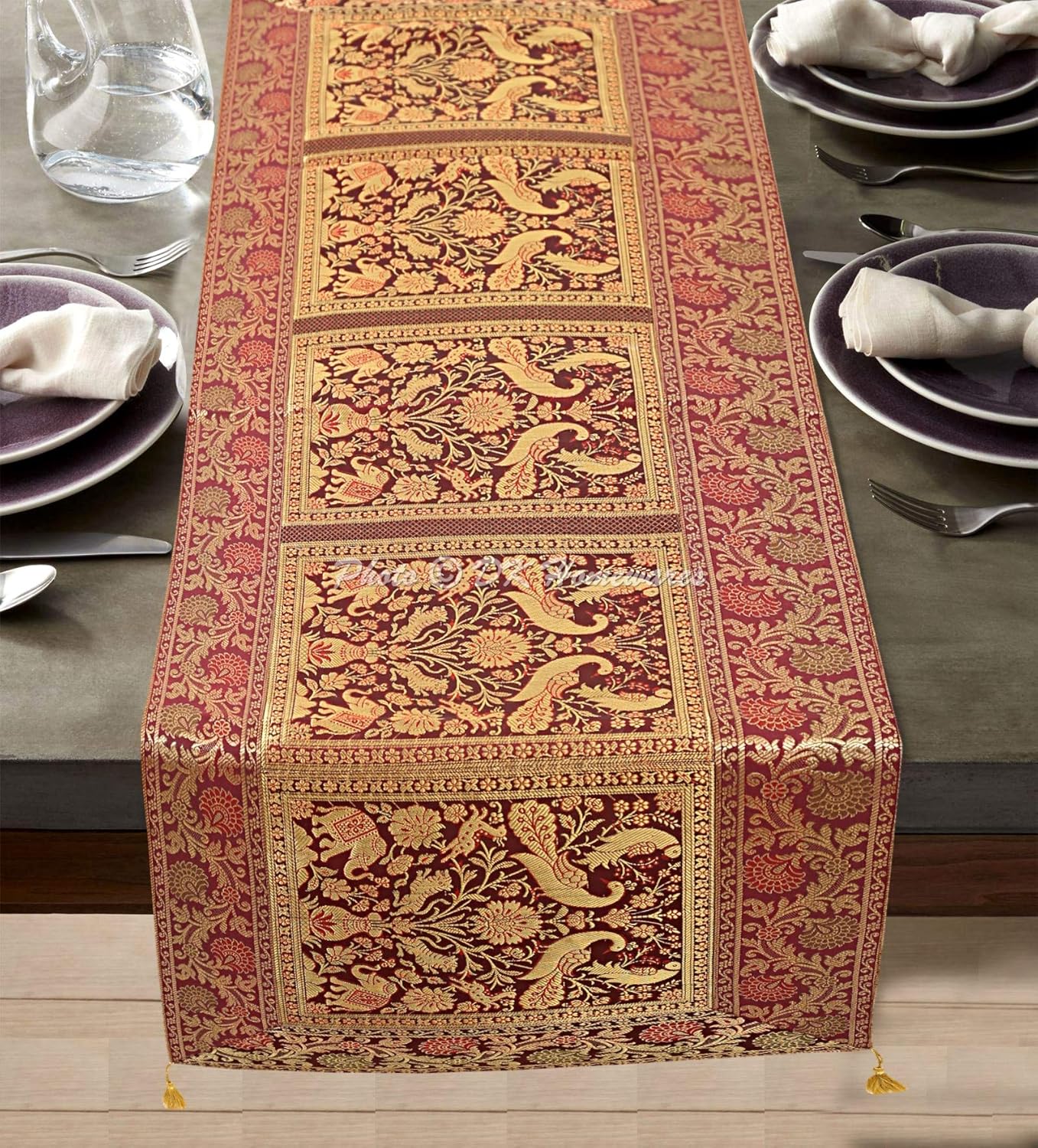 Ethnic Wedding Elephant Tassel Work Table Runner Maroon Gold Brocade Satin 150 X 40 Cm Kitchen Decoration 5 Ft Centerpiece (60 X 16 Inches)