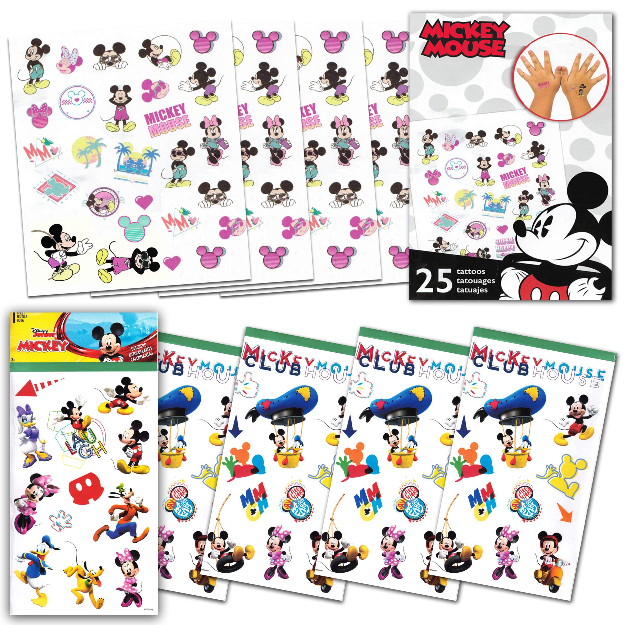 Disney Studio Mickey Mouse Clubhouse Stickers and Tattoos 8 Pack - 200 Mickey Stickers and Tattoos for Kids' Parties and Crafts - Officially Licensed, Water-Resistant, Cartoon Pattern