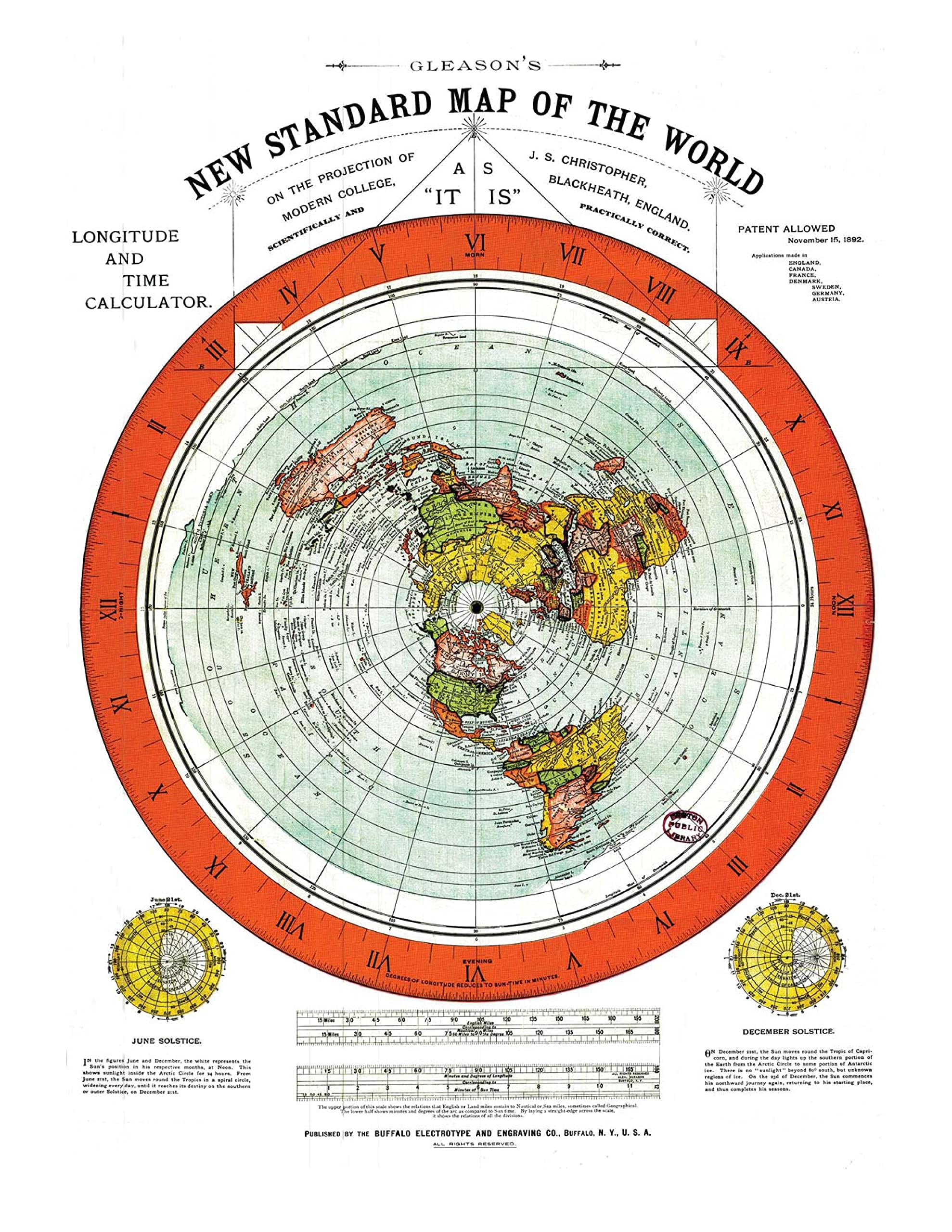 Chartex Gleason’s Flat Earth Map 1892 - Uniquely Printed on Tough Waterproof, Tearproof, Synthetic Poly-Paper