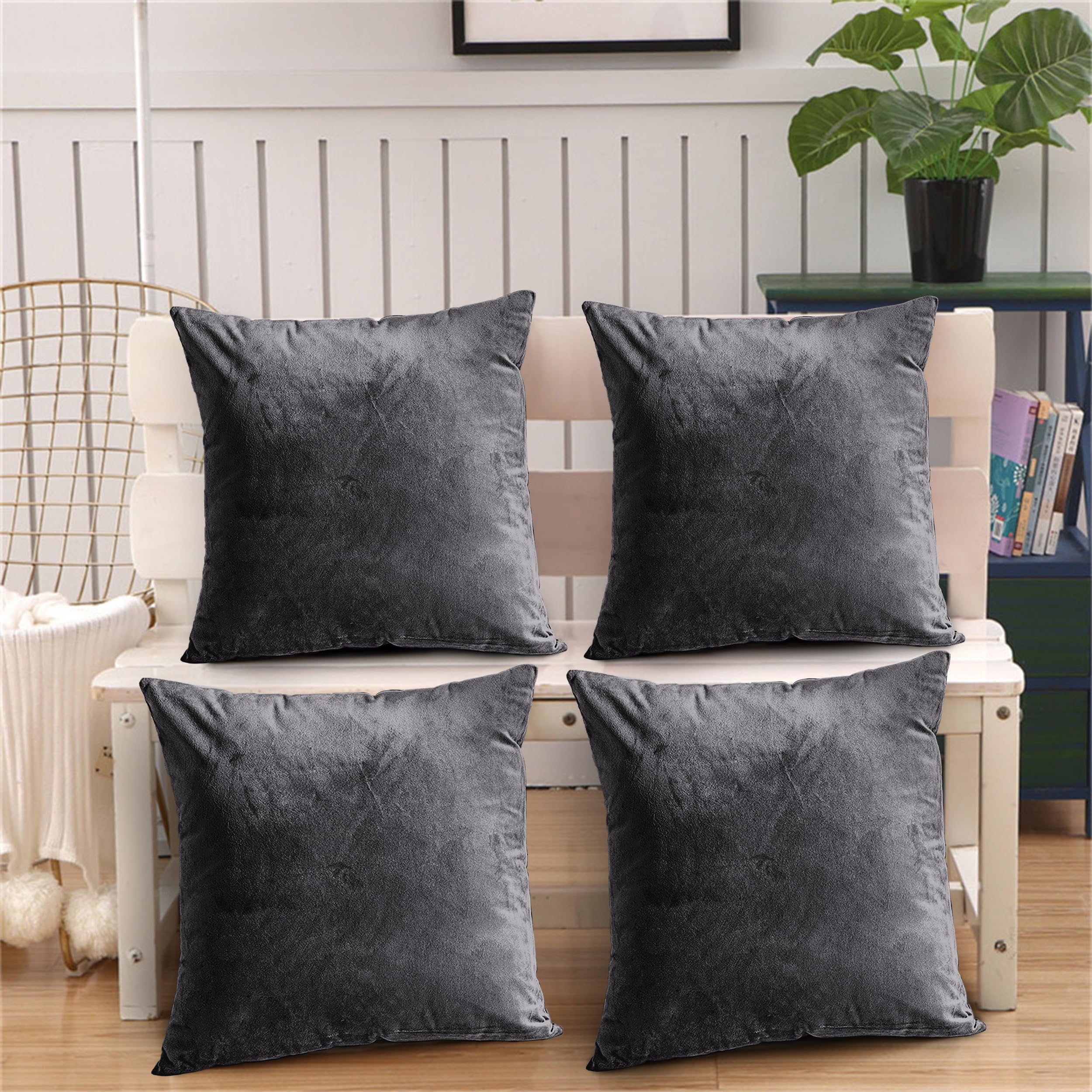Oxford Homeware Charcoal Velvet Cushion Covers 45Cm X 45Cm (Pack Of 4) Decorative Cushions Cover For Living Room Sofa Bedroom With Invisible Zipper, 18X18 Inches
