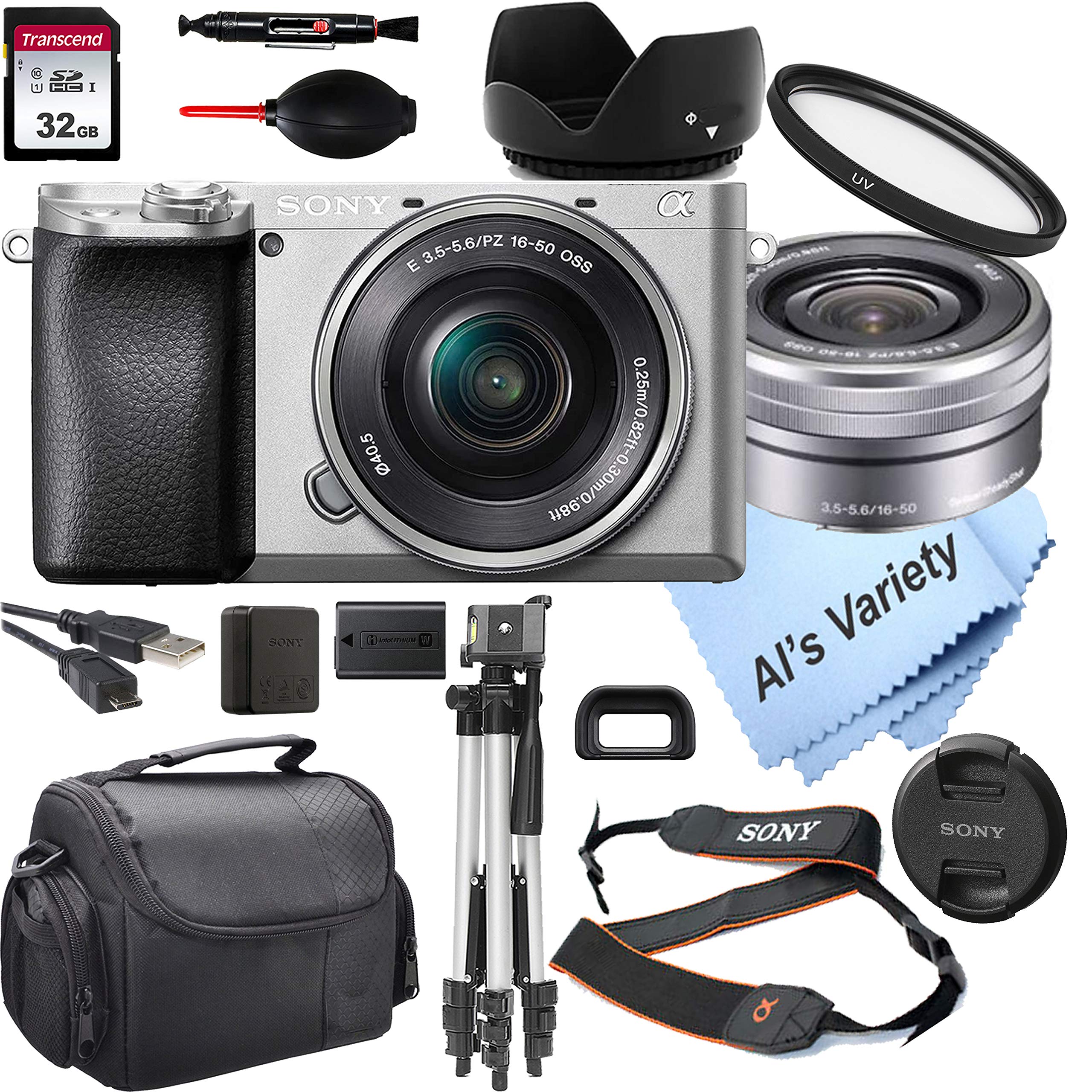 Sony Alpha a6100 Mirrorless Digital Camera (Silver) with 16-50mm Lens+ 32GB Card, Tripod, Case, and 