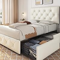 Vista 11 de Yaheetech Base de cama Queen tapizada con cabecera ajustable con botones de diamante, 3 cajones de almacenamiento, cama de plataforma queen/listones