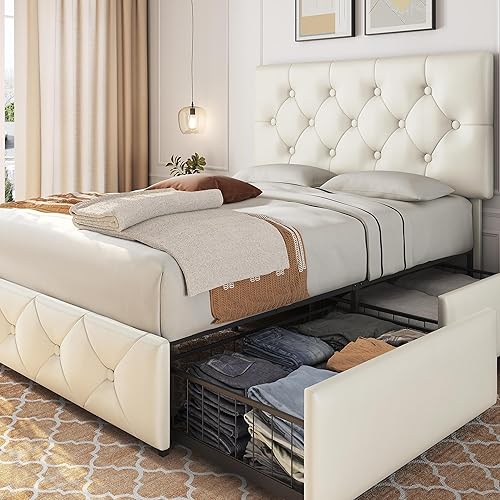 Yaheetech Full Upholstered Bed Frame with 4 Storage Drawers and Adjustable Headboard, Faux Leather Platform Bed Frame with Mattress Foundation, Strong Wooden Slats Support, No Box Spring Needed, Beige