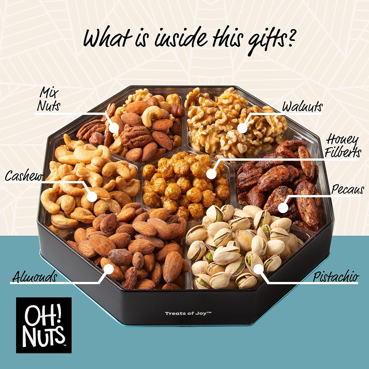 Oh! Nuts Gift Basket 7 Section Assorted Gift Tin Box - Gourmet 7 Variety Fresh Roasted Nuts - Healthy Snacks for Birthday, Anniversary, Family Party, Movie Night - for Men & Women
