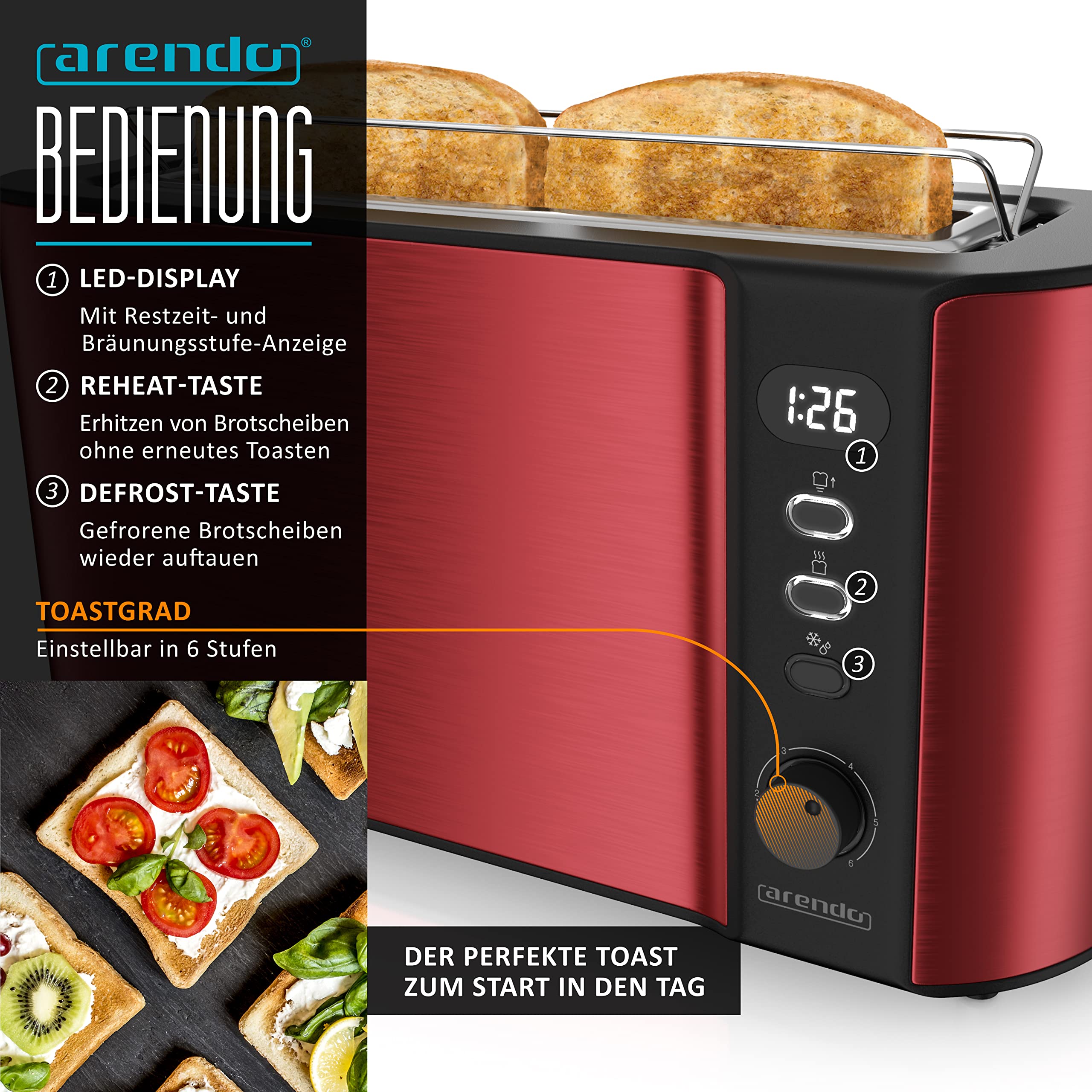 Arendo Wasserkocher Toaster Eierkocher Set Edelstahl Temperatureinstellung 2 Scheiben Langschlitz 1-7 Eier Rot