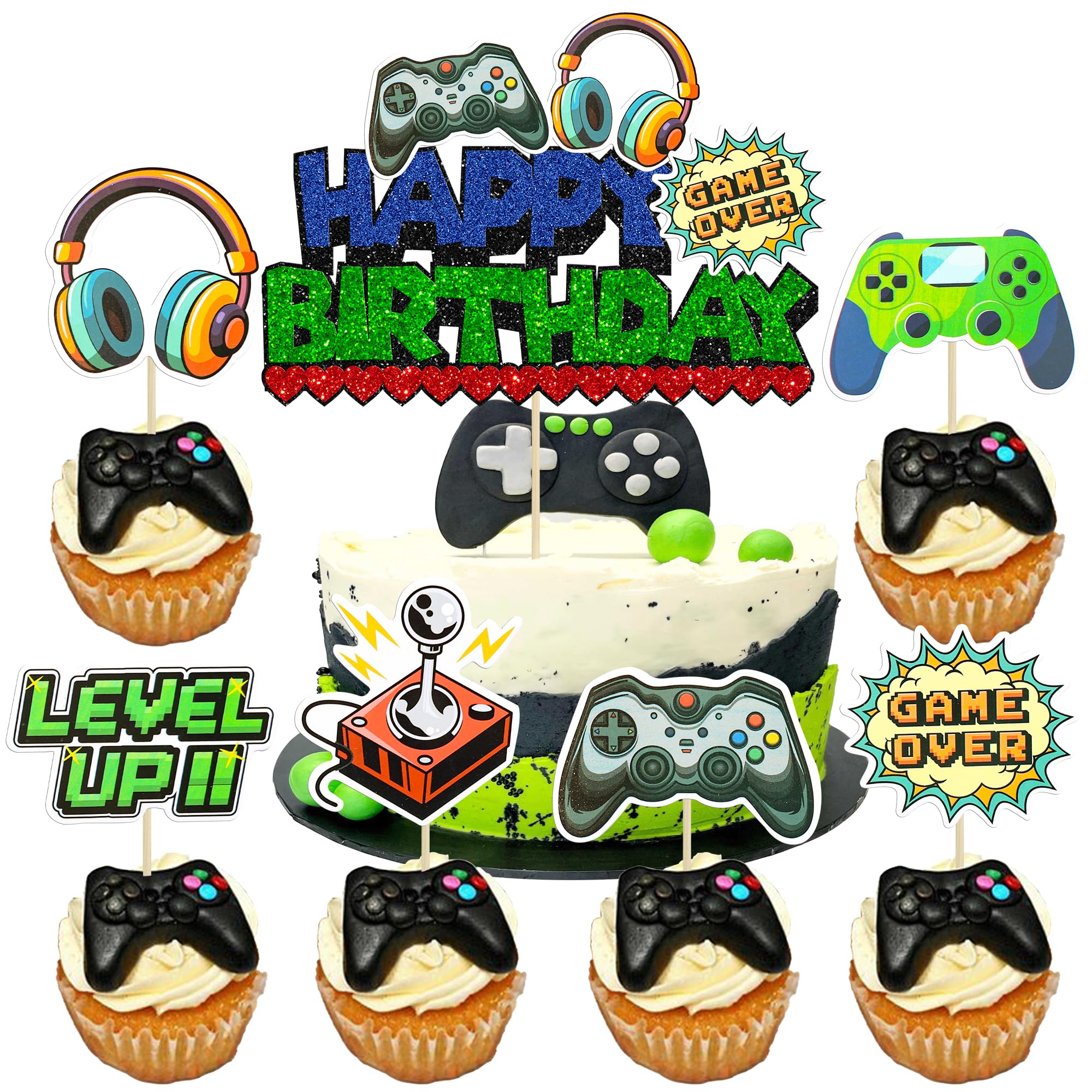 Ephlyn 37Pcs Video Game Cupcake Toppers Video Game Happy Birthday Cake Topper Game On Controllers Cupcake Picks GamePad Cake Decorations for Game