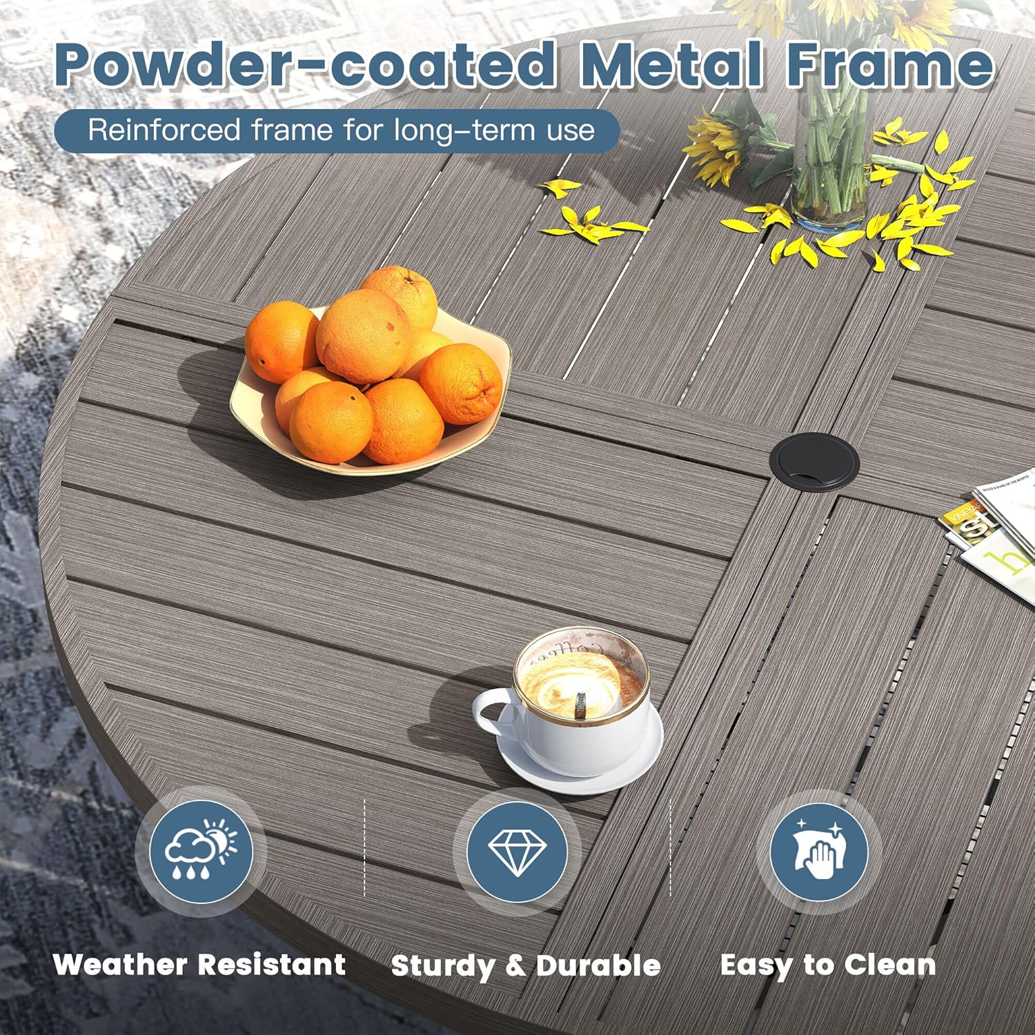 DIFY 11 Pieces Outdoor Patio Dining Set for 10, 63" Grey Wood-Like Round Metal Patio Table and 10 Sandshell Stackable Textilene Patio Chairs, Outdoor Table and Chairs for Backyard Garden Poolside