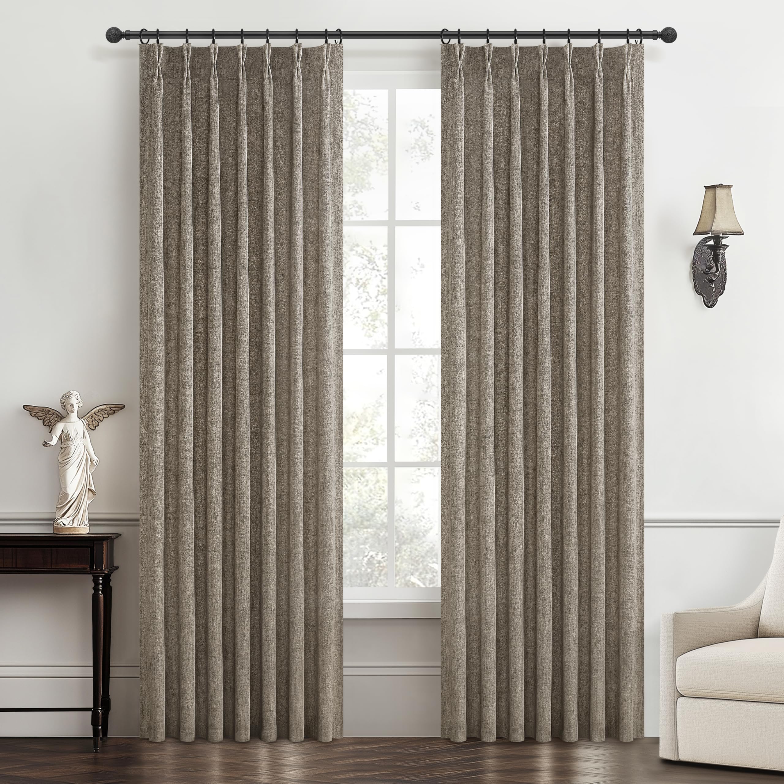 Photo 1 of Custom Memory Shape Pinch Pleated 78 Inch Dining Room Curtains 2 Panels Set, Dark Brown Light Filtering Thick Linen Semi Sheer Curtain Privacy Country Windows Drapes 6-1/2 FT Length for Laundry Room