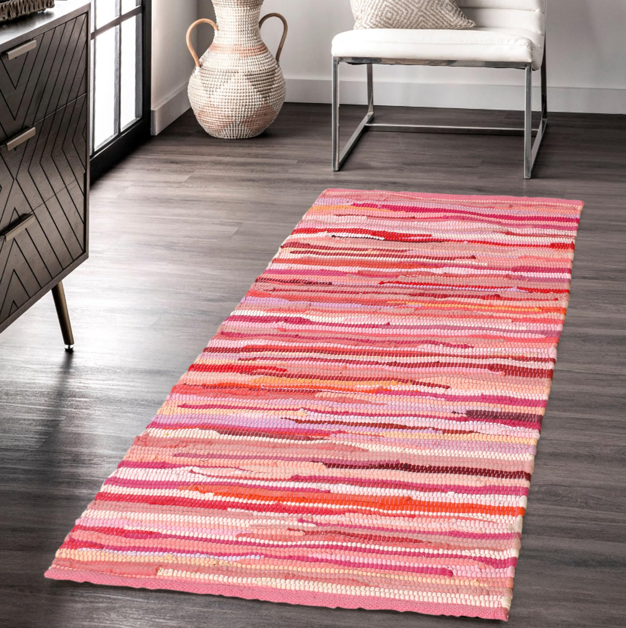 Handmade Cotton Chindi Rug Runner Area Rag Washable Recycled Rugs for Home Décor, Living Room and Bedroom (Pink, 2X8 Feet)
