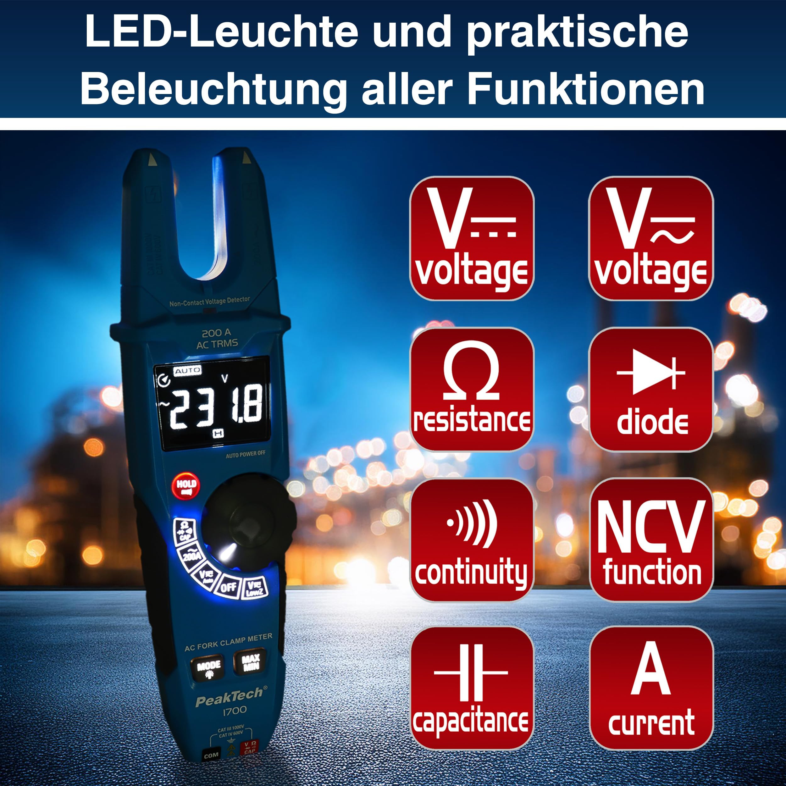 PeakTech P1700, Pinza amperometrica a vero valore efficace 200 A CA, Amperometro a pinza con display LCD, Pinza amperometrica aperta con rilevatore di tensione, voltmetro senza contatto