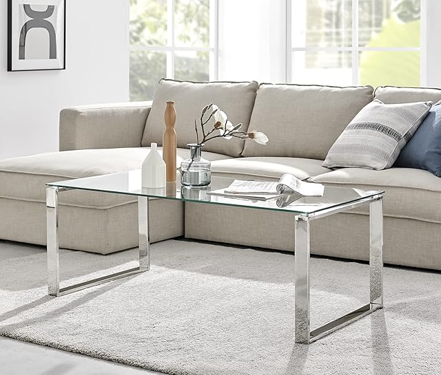 Furniturebox UK Miami Large Modern Clear Glass and Stylish Chrome Silver Metal Coffee Table - Luxury Minimalist Contemporary Living Room Furniture