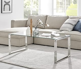 Furniturebox UK Miami Large Modern Clear Glass and Stylish Chrome Silver Metal Coffee Table - Luxury Minimalist Contemporary Living Room Furniture
