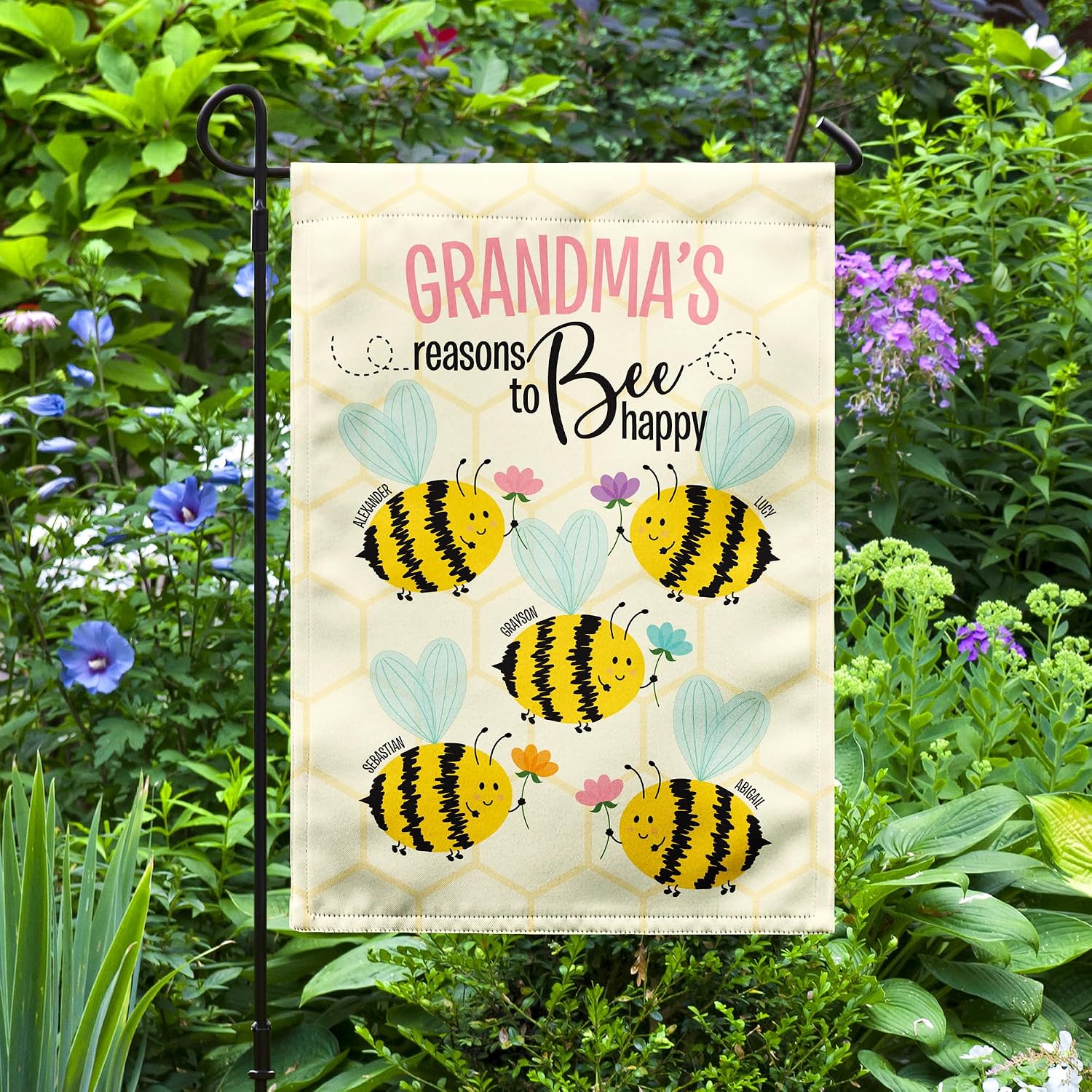 Let’s Make Memories Personalized Garden Flag for Her - For Mom or Grandma - Celebrate Family - Yard Decor - Single Sided All Weather 12”x18” Banner - Reasons to Bee Happy - Flag and Yard Stake