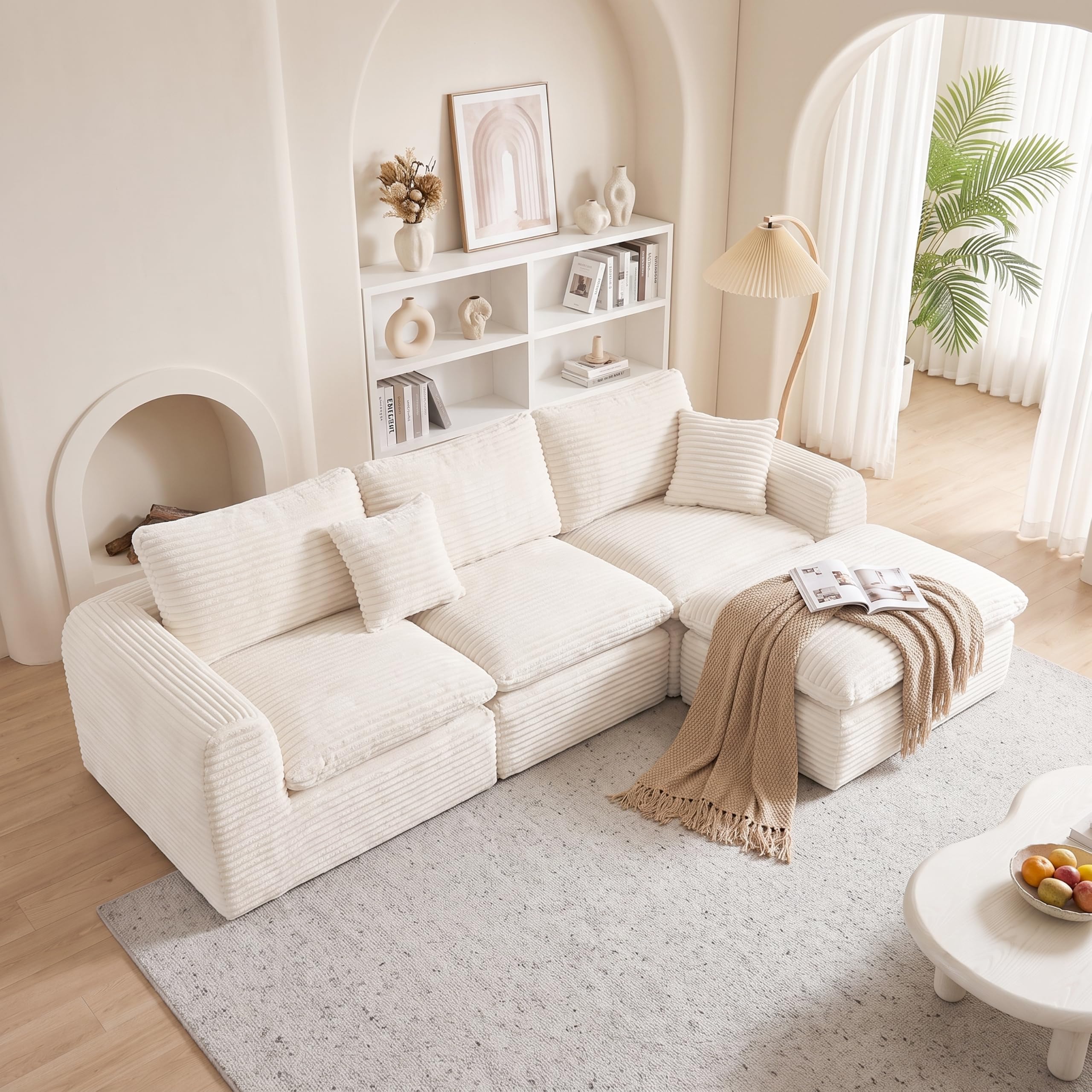 Divano a forma di L, moderno divano modulare imbottito, senza montaggio, adatto per il soggiorno (bianco, 340 cm)