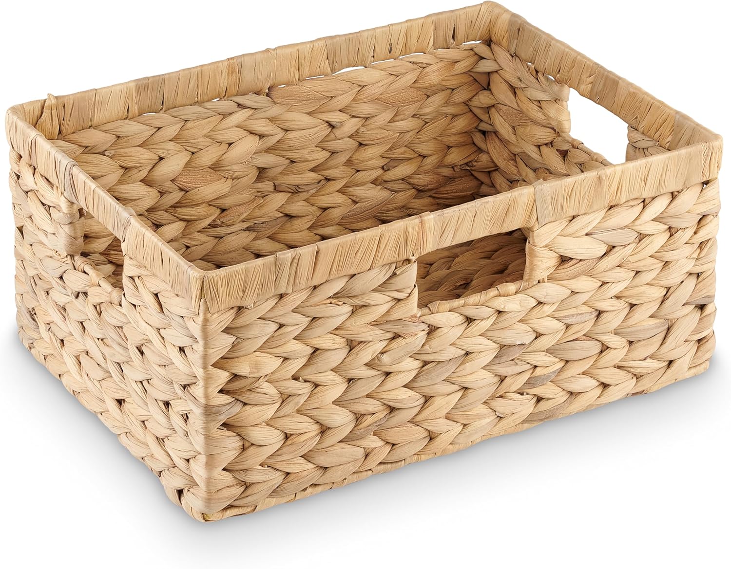 Large Rectangular Wicker Basket - Premium Water Hyacinth Storage Basket with Built-in Handles for Home Organization, Shelf Organizer, Decorative Natural Handwoven Basket, 15x11x7"