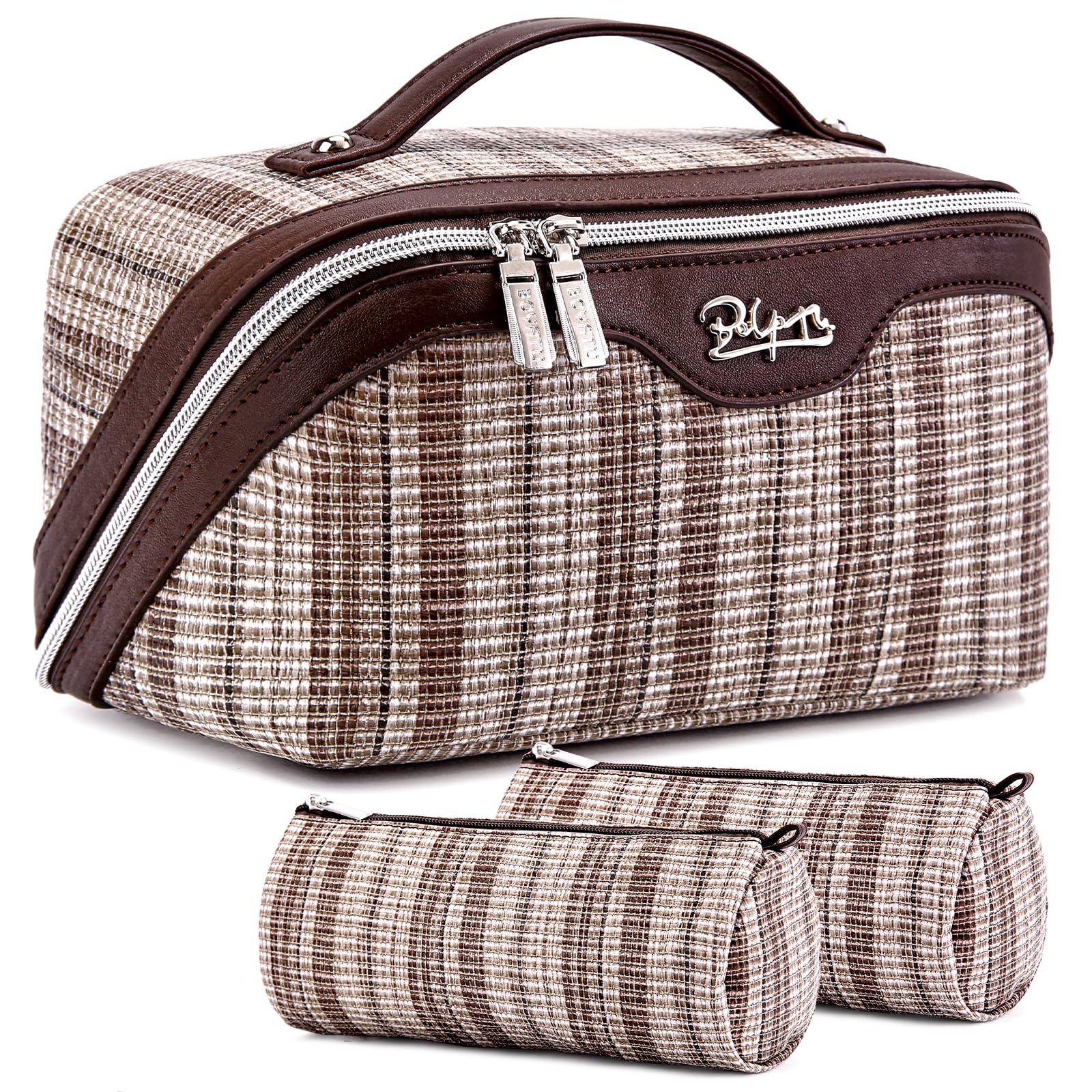 BOYATU Travel Makeup Bag for Women: Large Capacity Open Flat Make up Bag Set of 3 - Vegan Leather Cosmetic Bag with Compartments - Waterproof Toiletry