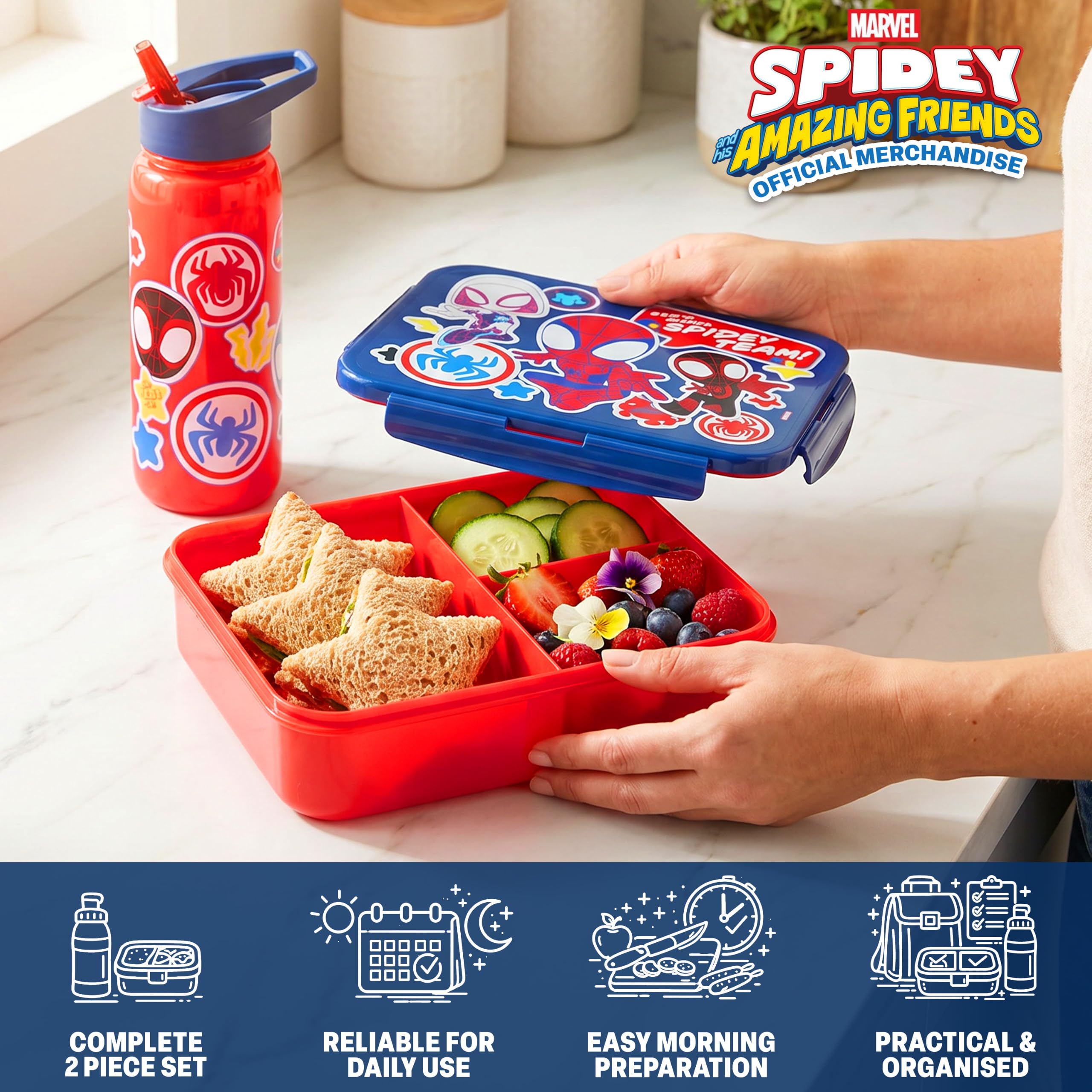 Get Trend Spidey et Ses Amis Boite a Gouter Enfant Garcon et Gourde Air Up Set, Bento Lunch Box avec Compartiments et San BPA Gourde avec Paille, Lave Vaisselle et Micro-ondes Sûre (Multi Spidey)