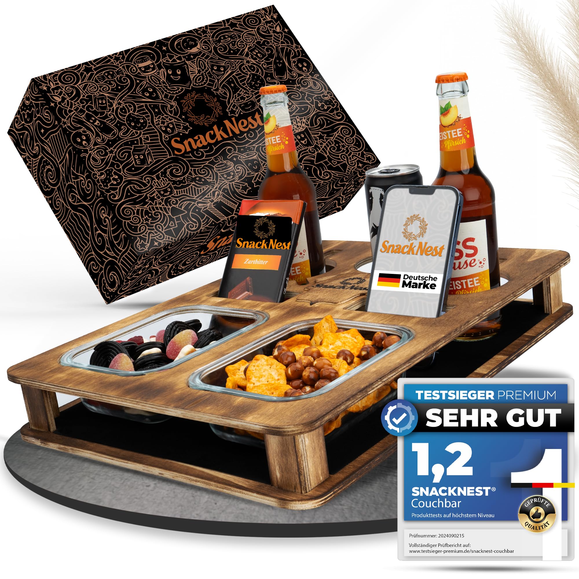 SnackNest Couch Bar Snack Box - Includes 3 Drink Holders & 2 Glass Bowls - Sofa Tray Premium Snack Bar Ideal Coffee Bar for Wine - Gifts for Women and Men - SnackNest