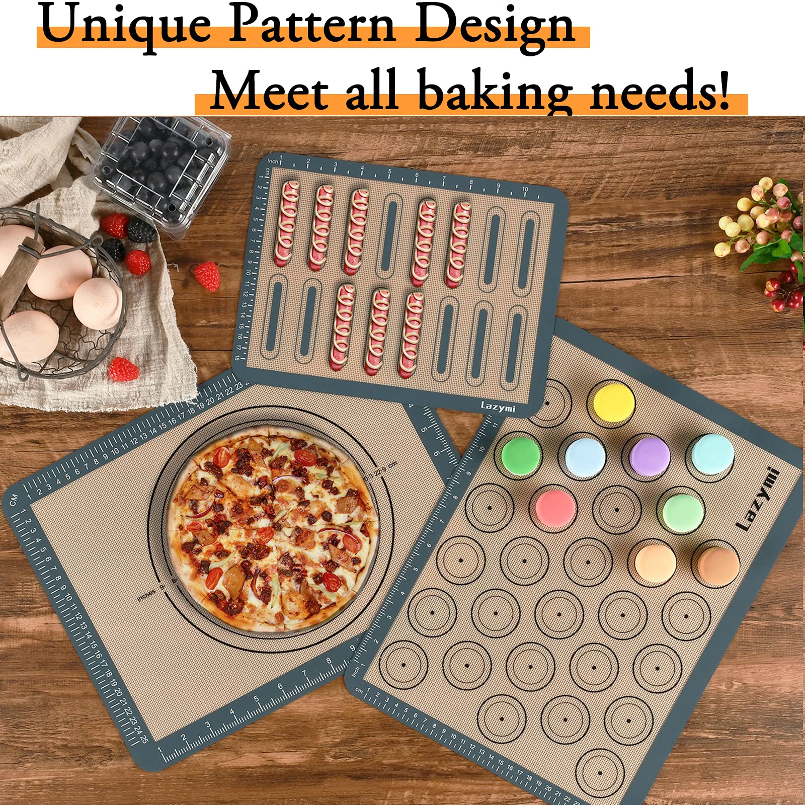 Tappetino da Forno in Silicone Antiaderente Set da 3, Foglio da Forno per Macaron/Biscotti/Pane - Carta da Forno Riutilizzabile, Resistente al Calore, Facile da Pulire (Grigio)