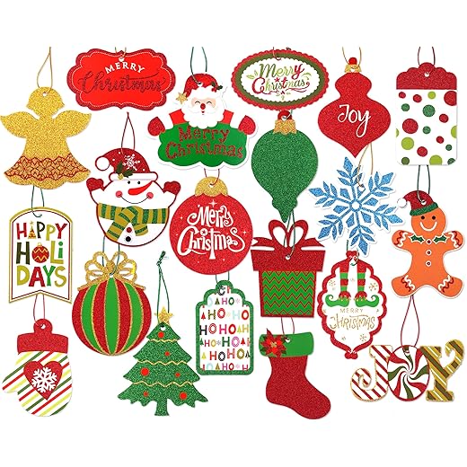 Giiffu 80 Pcs Christmas Tags, Christmas Santa Gift Tags Glitter Paper Gift Tags Holiday Hang Name Tags Label with String for DIY Xmas Present Party Decor(20 Assorted Designs)