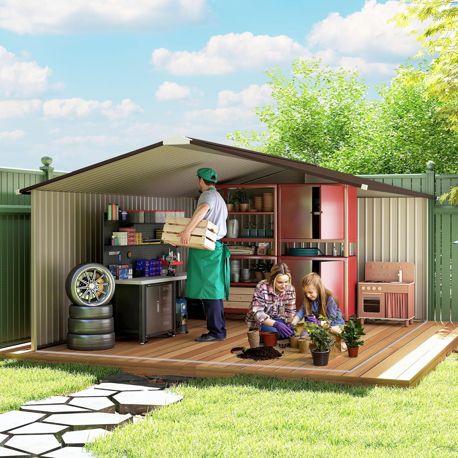 Interior of the Outsunny shed showing organized storage