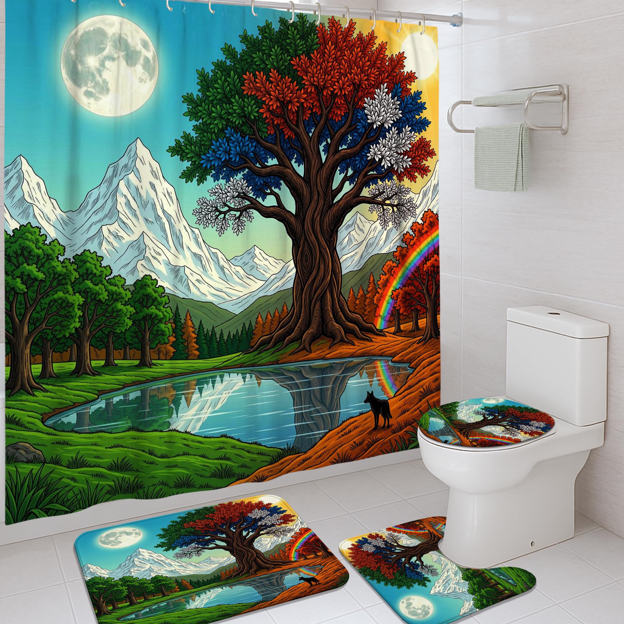 Rideau de douche arbre et montagne 183x183cm en tissu imperméable