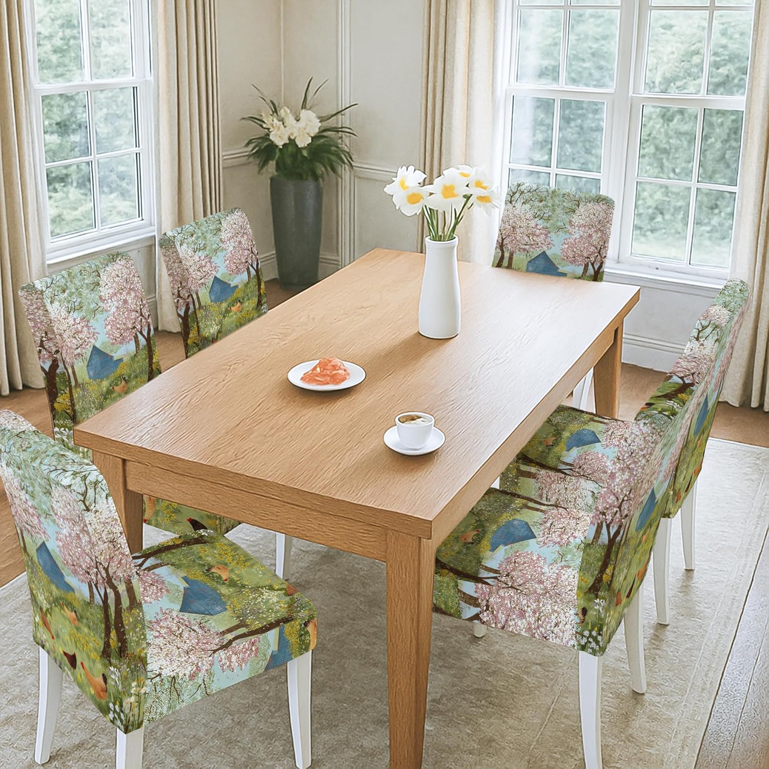 Chicken Chair Covers for Dining Chairs, Countryside Rustic Blossom Tree Spring Green Spandex Washable Stretch Chair Protector Covers Decor for Dining Room Kitchen Banquet 6pcs