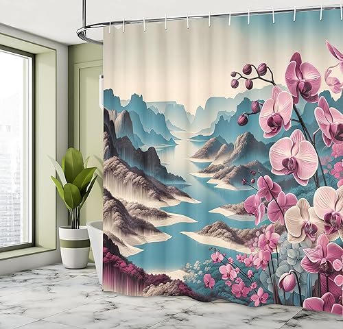 Miniatura 7 de Ambesonne Scenic Decor Collection, Mountain Lake View Sunny Day Nature Picture Art Paintings Effect Print, juego de cortina de ducha de baño de tela