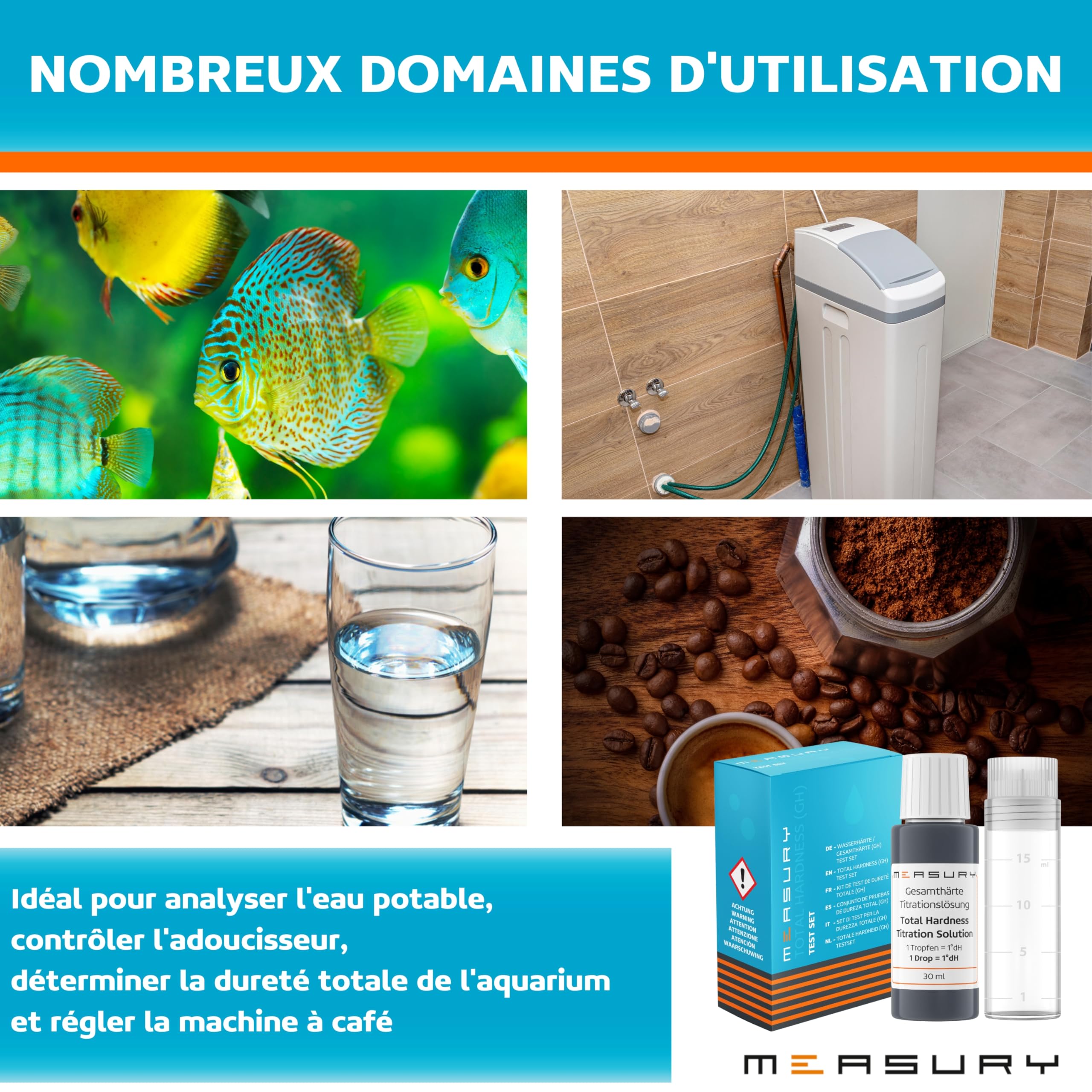 Measury Test dureté de l'eau, testeur dureté Eau, Test th fabricado en Alemania - 30 ML pour Un Maximum de 550 Tests