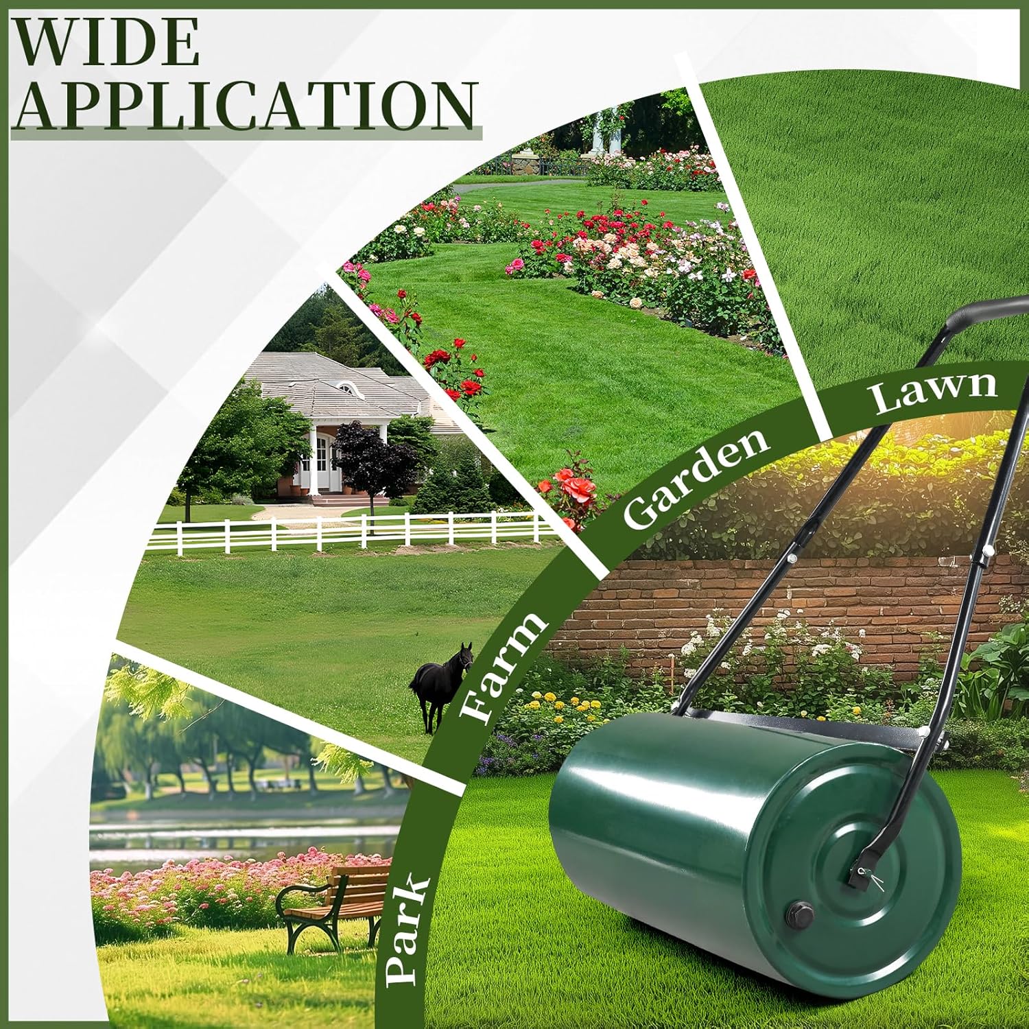 Lawn Roller,24 Gallon Large Capacity Sand/Water Filled, Heavy Duty Steel Material, with U-Shaped Handle for Convenient Push and Pull, for Garden, Farm, Park, Green & Black