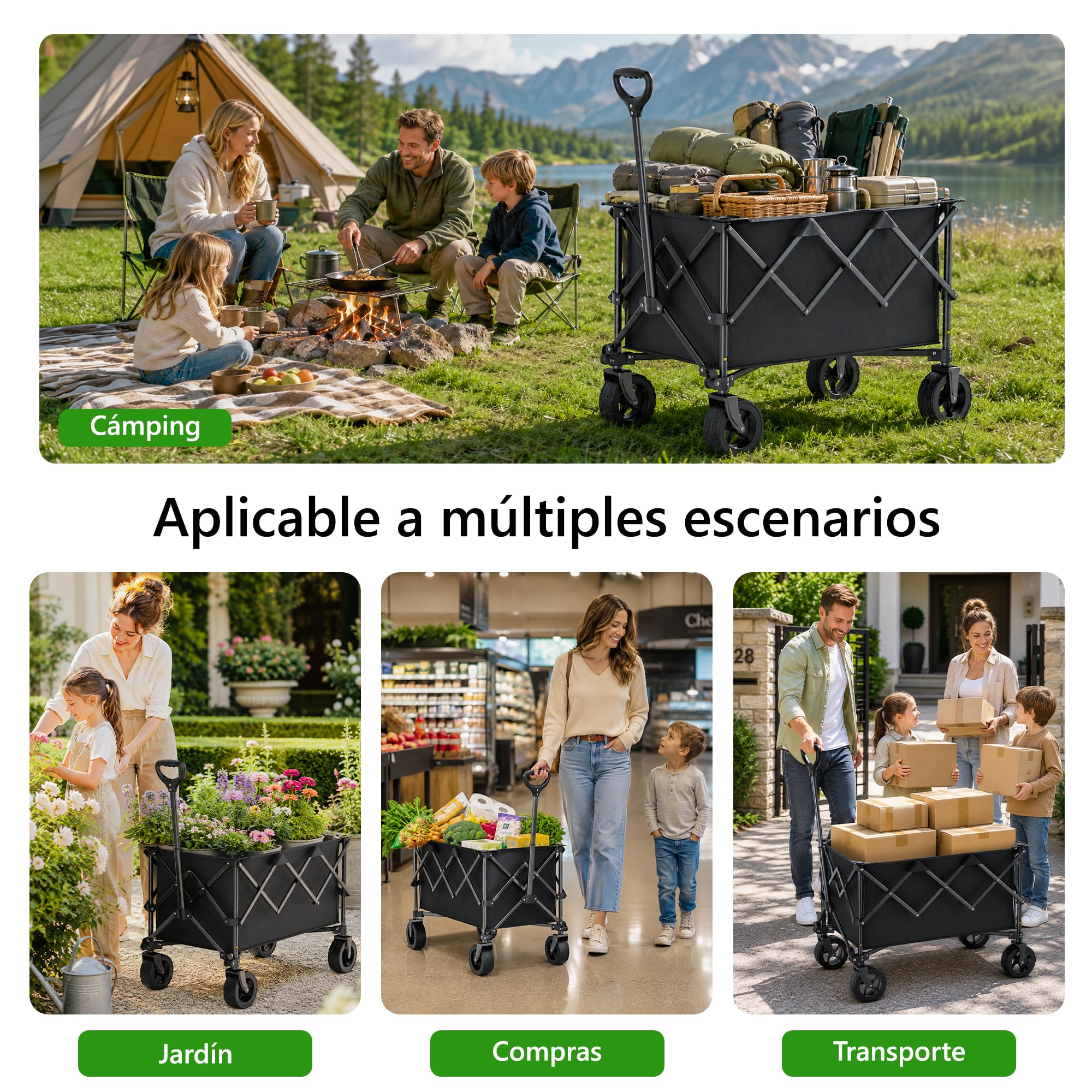 RYGEO Carrito utilitario para Festivales, Capacidad de 140 l, con Mango telescópico para jardinería, Camping, Compras y Deportes al Aire Libre