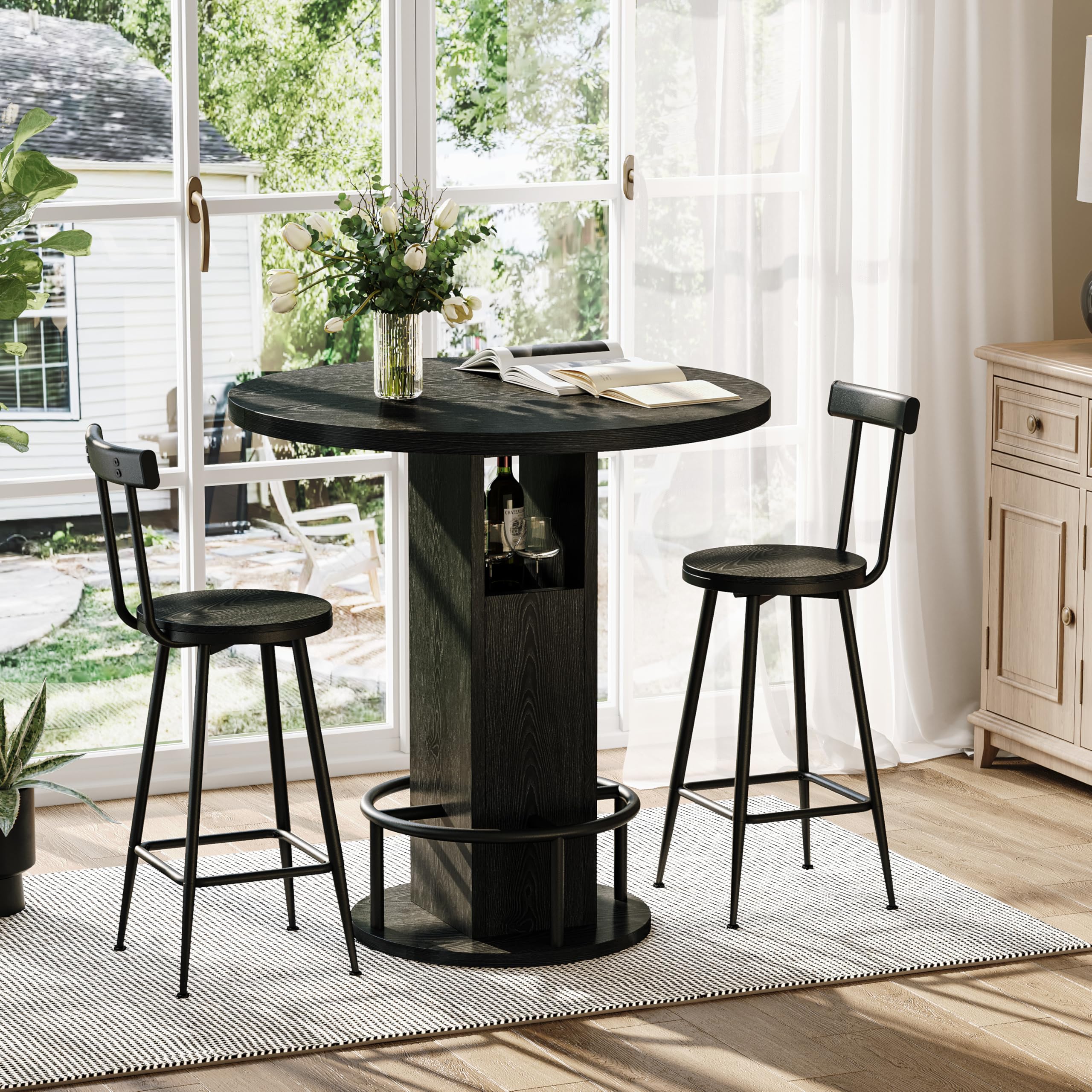 Set Tavolo da Bar con 2 Sgabelli in Legno e Metallo, Cucina e Bar, Nero, 3 Pezzi