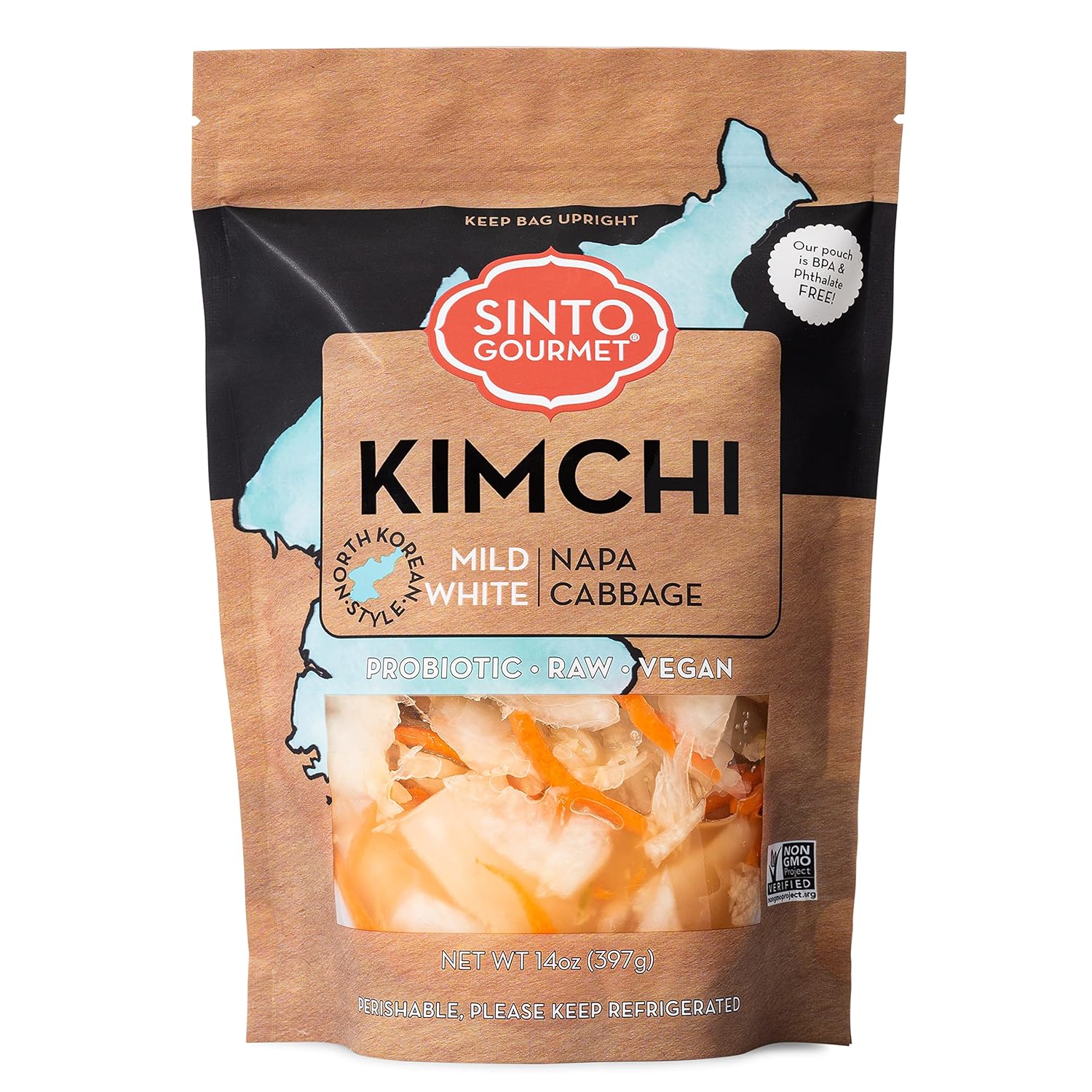 Sinto Gourmet Mild White Napa Cabbage Kimchi, 14oz Pack of 2 - Vegan, Gluten-Free, Fruity Sweet & Mild