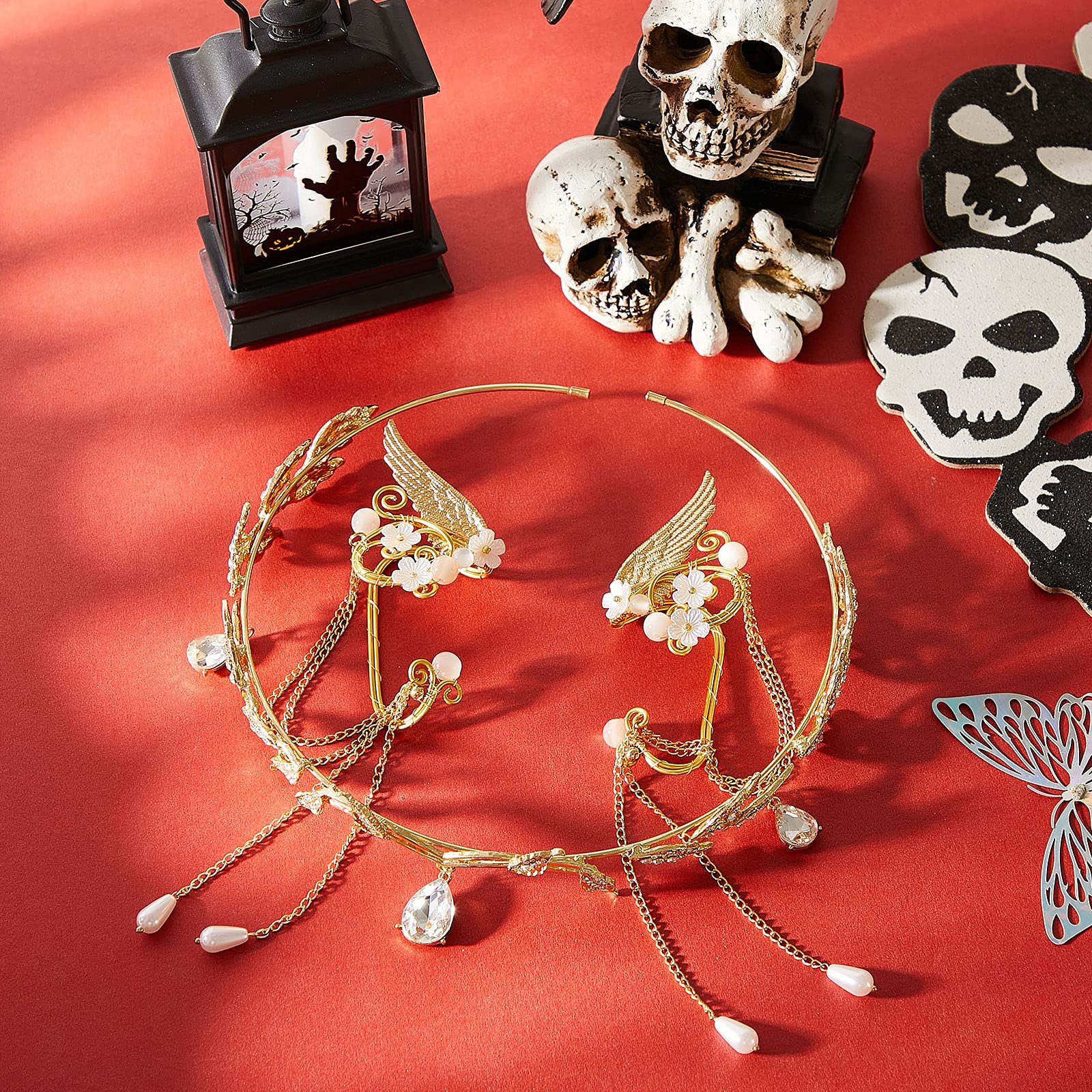 Halloween Rhinestone Leaf Headband Elf Ears Fairy Cosplay Princess Jewelry Amazon.com: Hicarer 3 Pcs Halloween Rhinestone Leaf Headband  main image 4