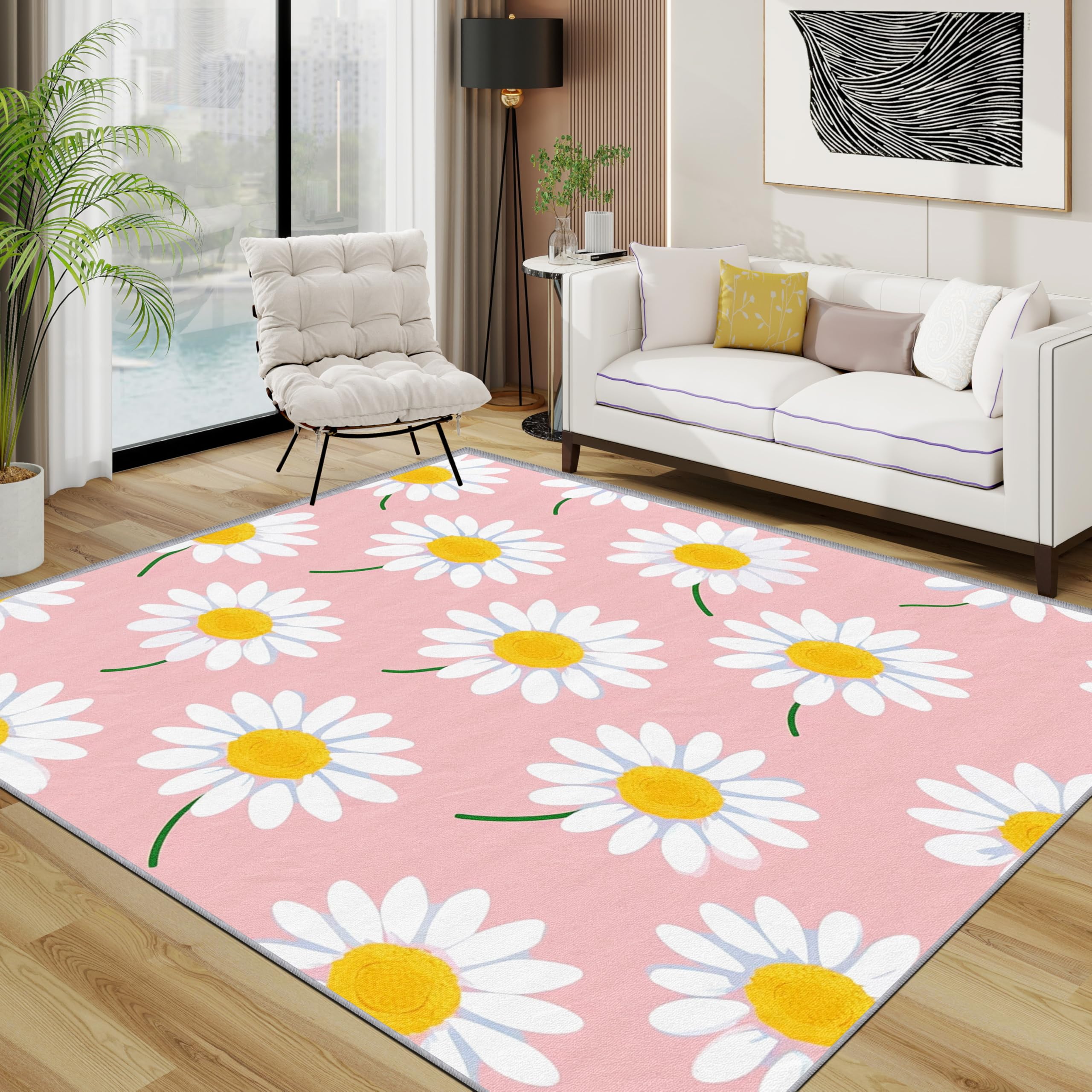 Daisy Rugs Living Room Large 200x300 - Pink Cute Floral Botanical Bedroom Rug, Girls Wildflower Chamomile Washable Non Slip Low Pile Carpet, Daisy Home Decor