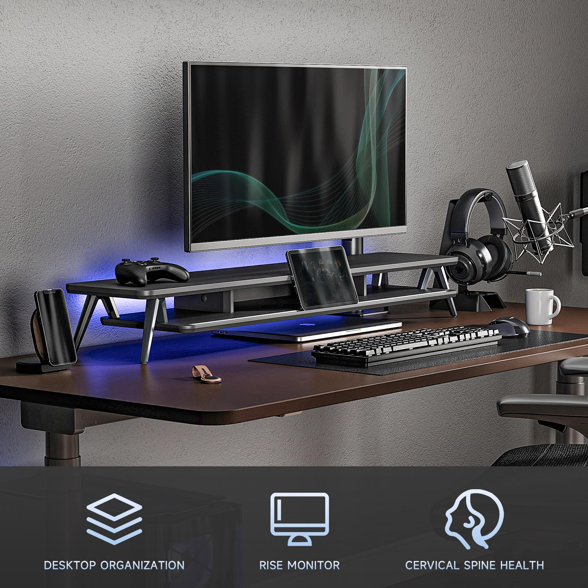 Stand per Monitor Legno Doppio 2 Livelli 108x23.5x14.5cm Black - Dettaglio