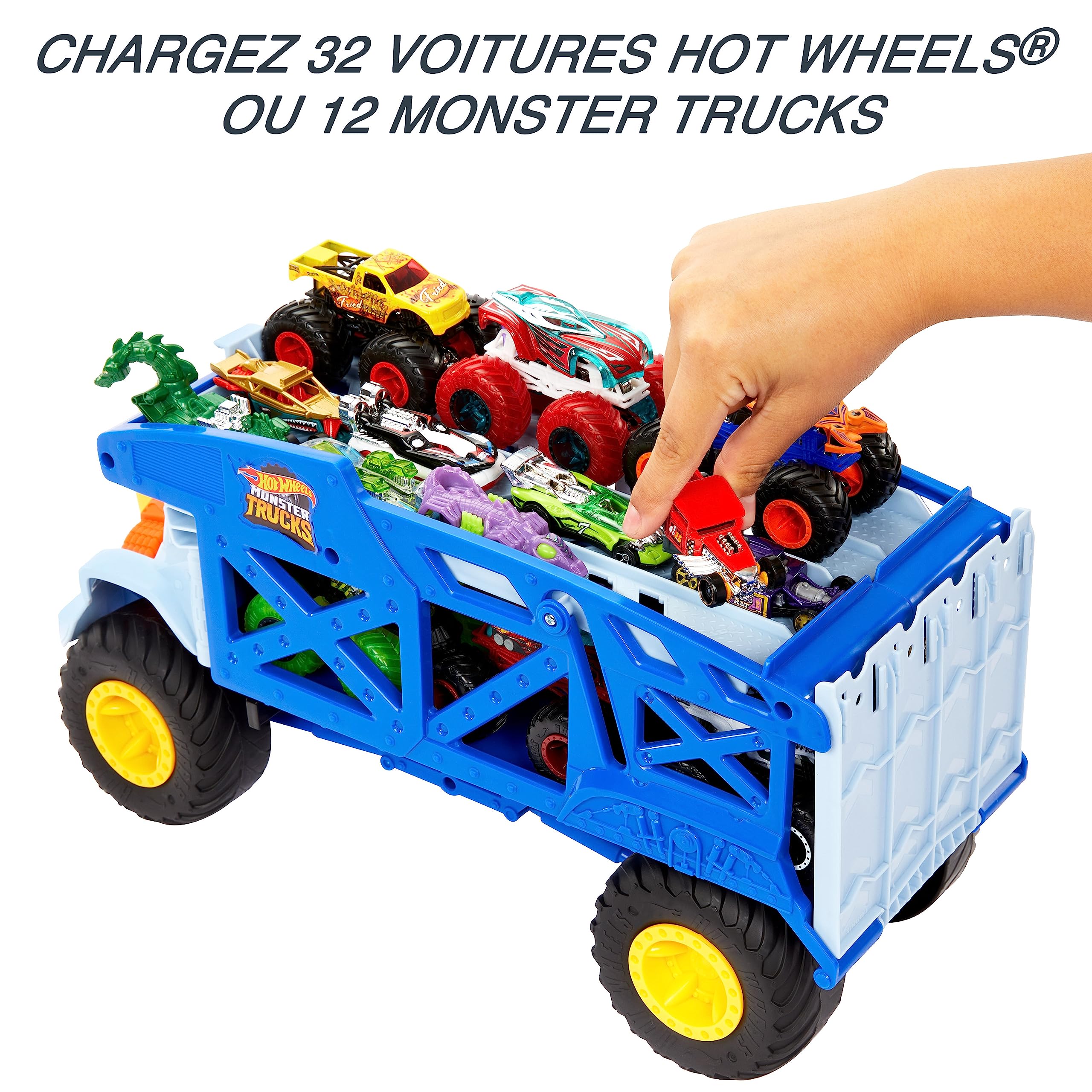 Hot Wheels Monster Trucks Camion Rhino, Transporteur pour 12 Monster Trucks Ou 32 Voitures À L’échelle 1/64, avec Rampe De Lancement, Jouet Enfant, Dès 3 Ans, HFB13