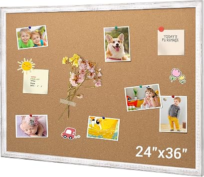 Cork Board Bulletin Board 24 x 36, White Wood Framed 2x3 Corkboard, Office Board for Wall Decorative, Large Wall Mounted Notice Pin Board with 16 Push Pins for School, Home & Office