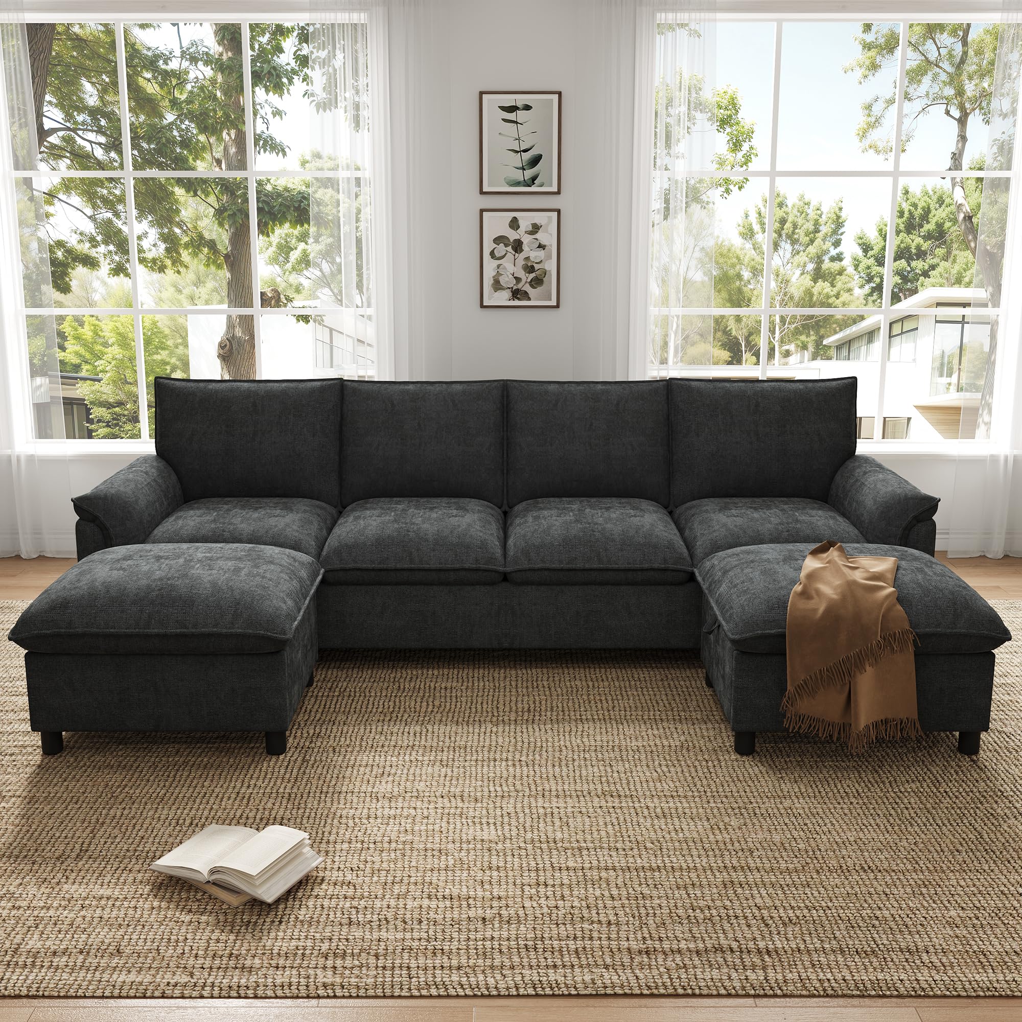Merax Modulares Cloud-Sofa U-Form 265cm, Gemütliche Wohnlandschaft mit 2 Stauraum-Hockern, Bequemes Ecksofa mit tiefer Sitzfläche, Couch für Wohnzimmer, Grau