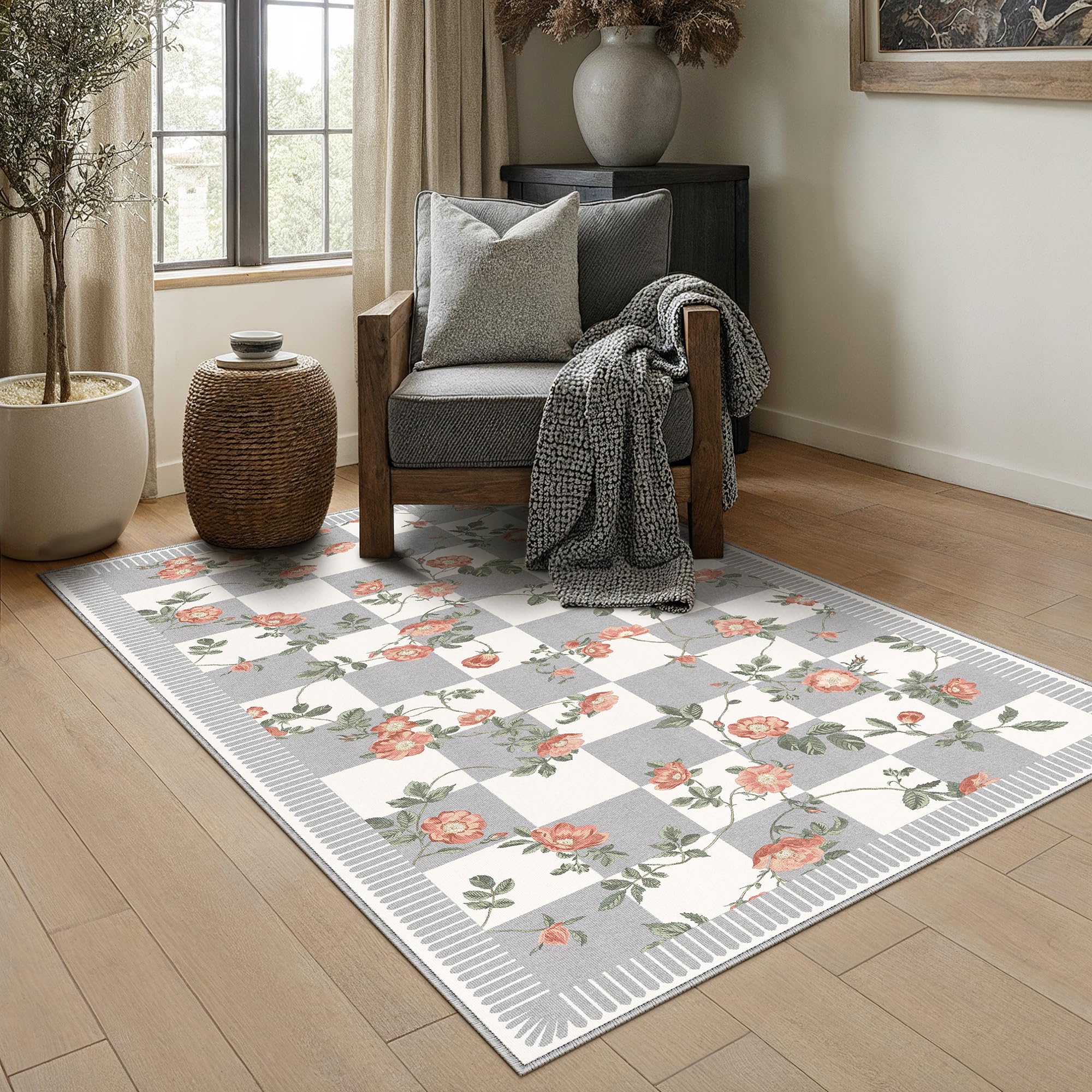 PureCozy Rugs Living Room Washable Flower Area Rug 120x170cm Non Slip Checkered Modern Floral Low Pile Carpet Dining Room Bedroom Kitchen Hall Lounge Office, Grey&White