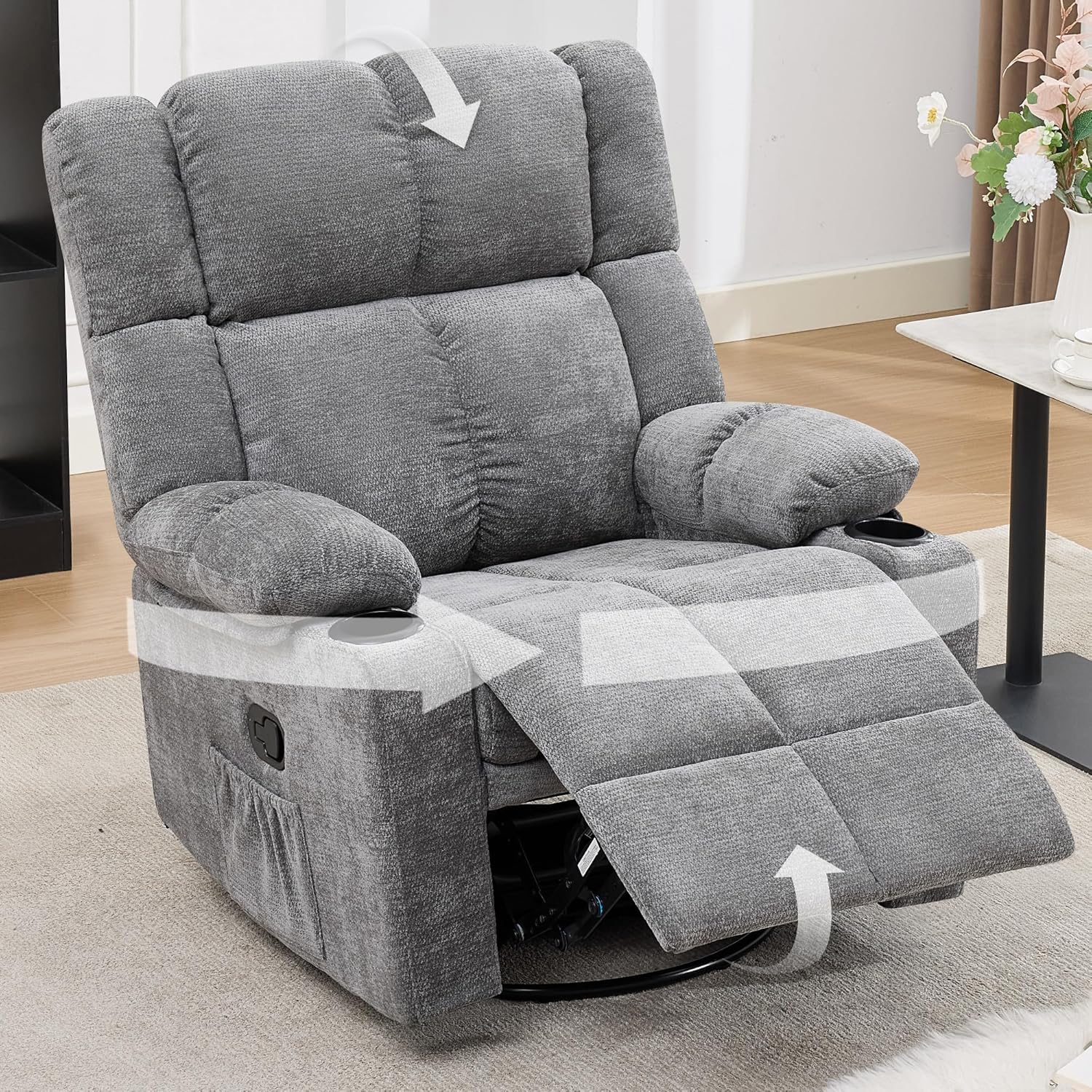 Swivel Rocker Recliner,Rocking Reclining Chair with Adjustable Headrest for Adults,Upholstered Fabric Swivel Recliner Chair for Bedroom,Living Room,Grey