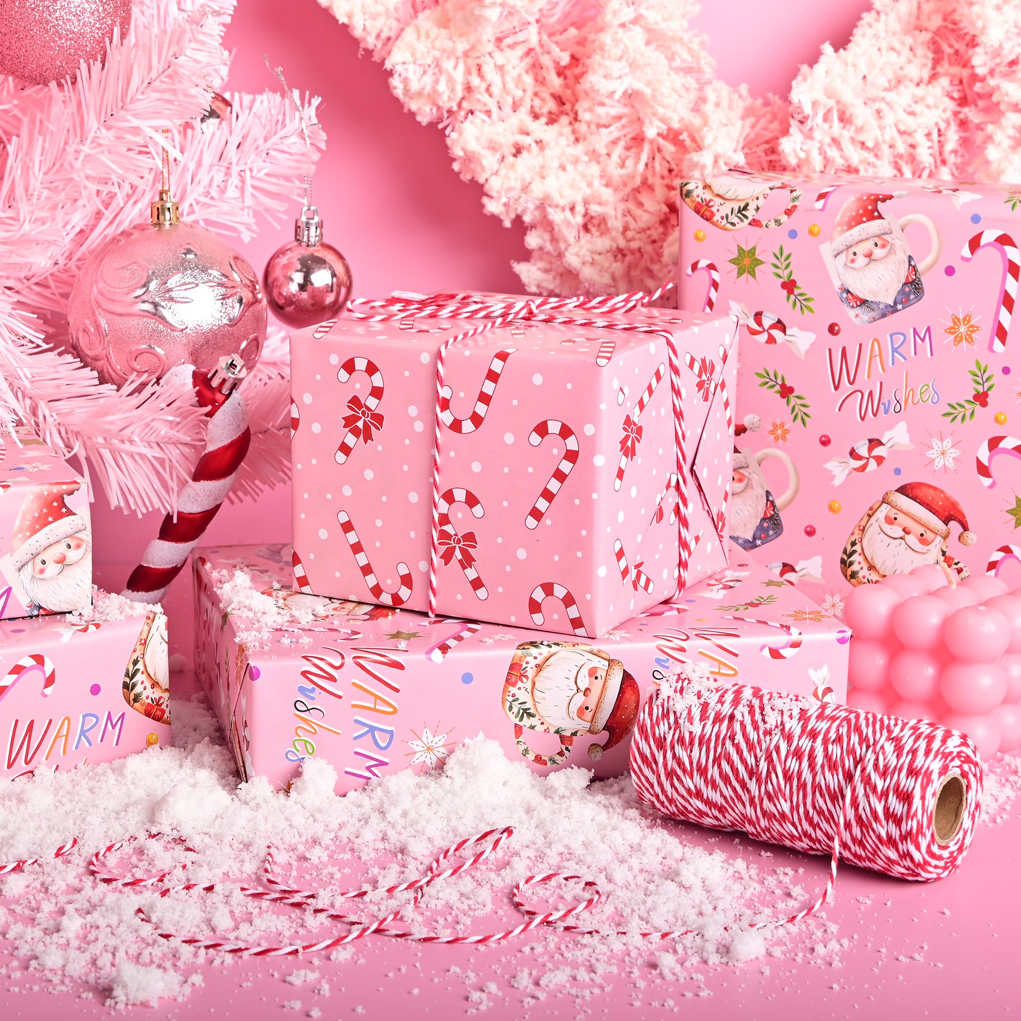 Vnaaem Rouleau de papier cadeau de Noël rose – Tasse de Père Noël et canne à sucre d'orge avec nœud – Papier cadeau pour fêtes de fin d'année, fêtes d'hiver – 43,2 cm x 6,1 m (total 2,5 m²)