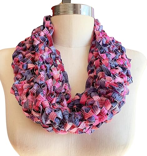 Infinity Scarf, Handmade Necklace Scarf Infinity Scarf, Loop Scarf Light Weight Scarf, Pink and Blue Scarf, Cowl, Fiber Jewelry Single Loop Fashion
