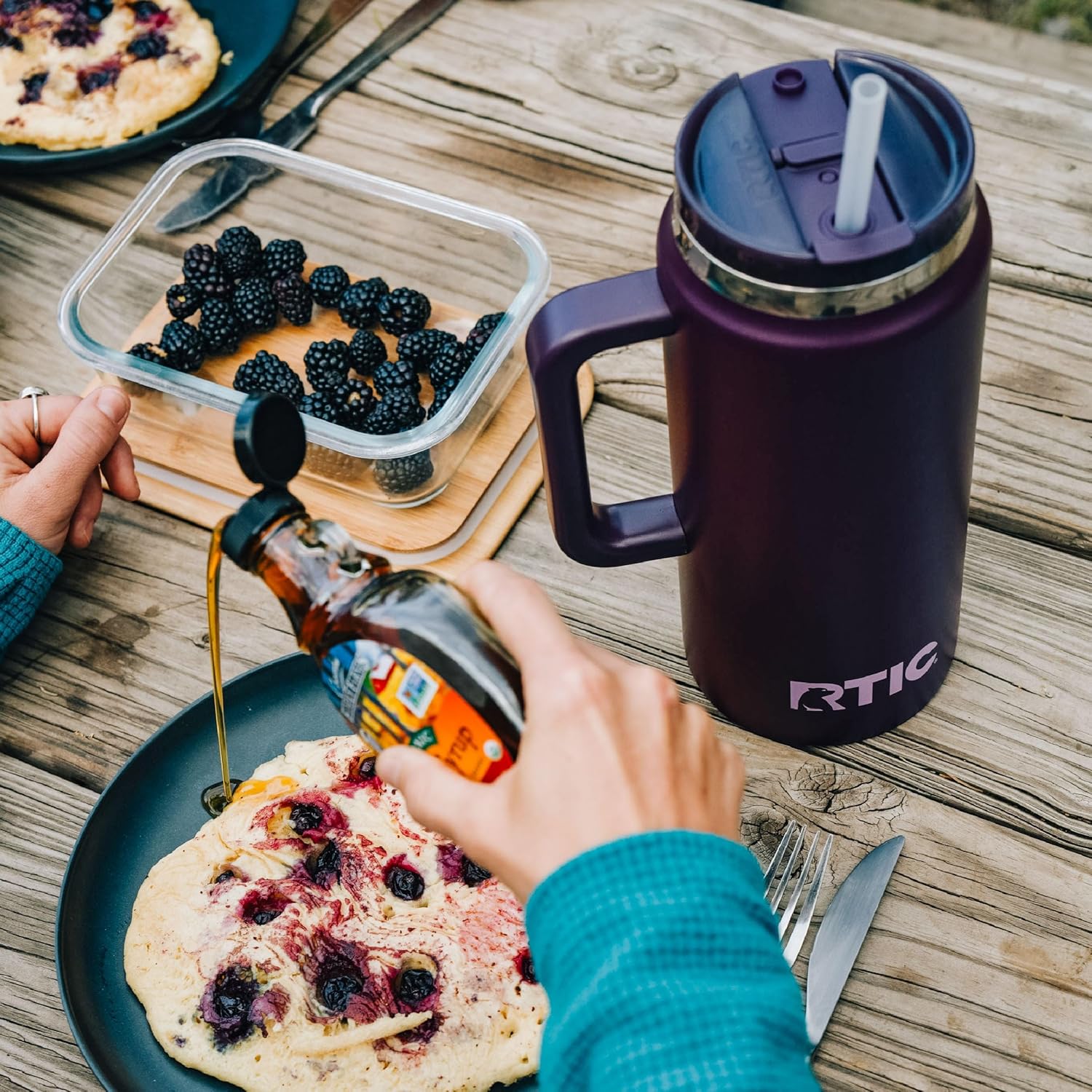 RTIC 64oz Road Trip Tumbler with Handle, Lid and Straw, Ceramic Lined, Insulated, Stainless Steel, Double Wall Vacuum-Insulation, Travel Cup, Black Cherry Metallic