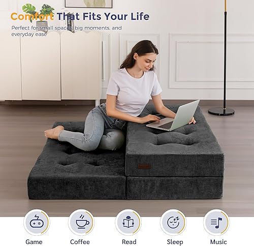 Miniatura 6 de MAXYOYO Colchón plegable de tres pliegues, colchón plegable copetudo de 6 pulgadas con tela de felpilla, tapete portátil de tamaño matrimonial para