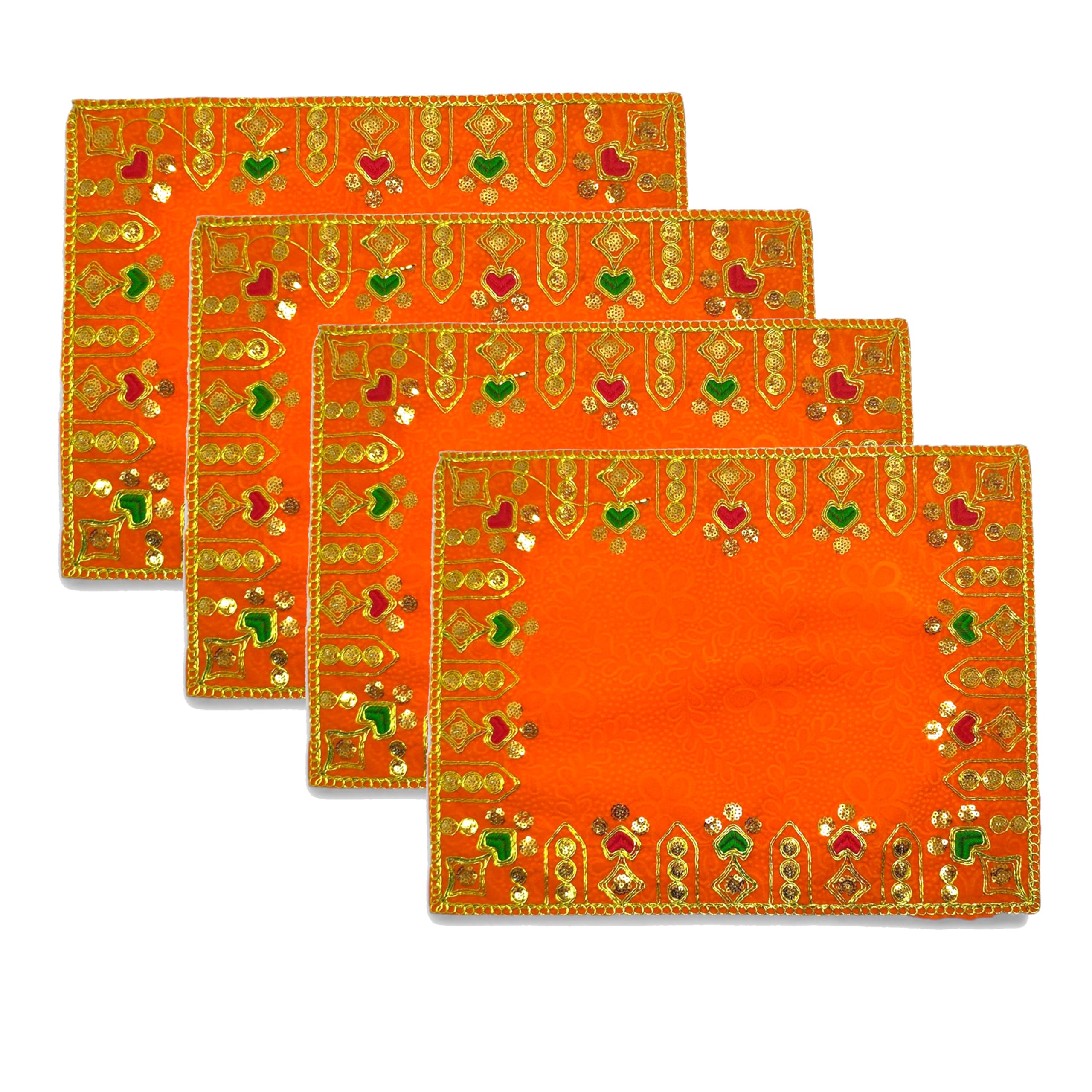 Achleshwar Designer Velvet Embroidered Pooja Aasan Cloth 8x10 inch Orange | Chowki Aasan for God Idol | Mandir Table Altar Cover for Temple, Puja Shelf, Diwali Decoration Pack 0f 4