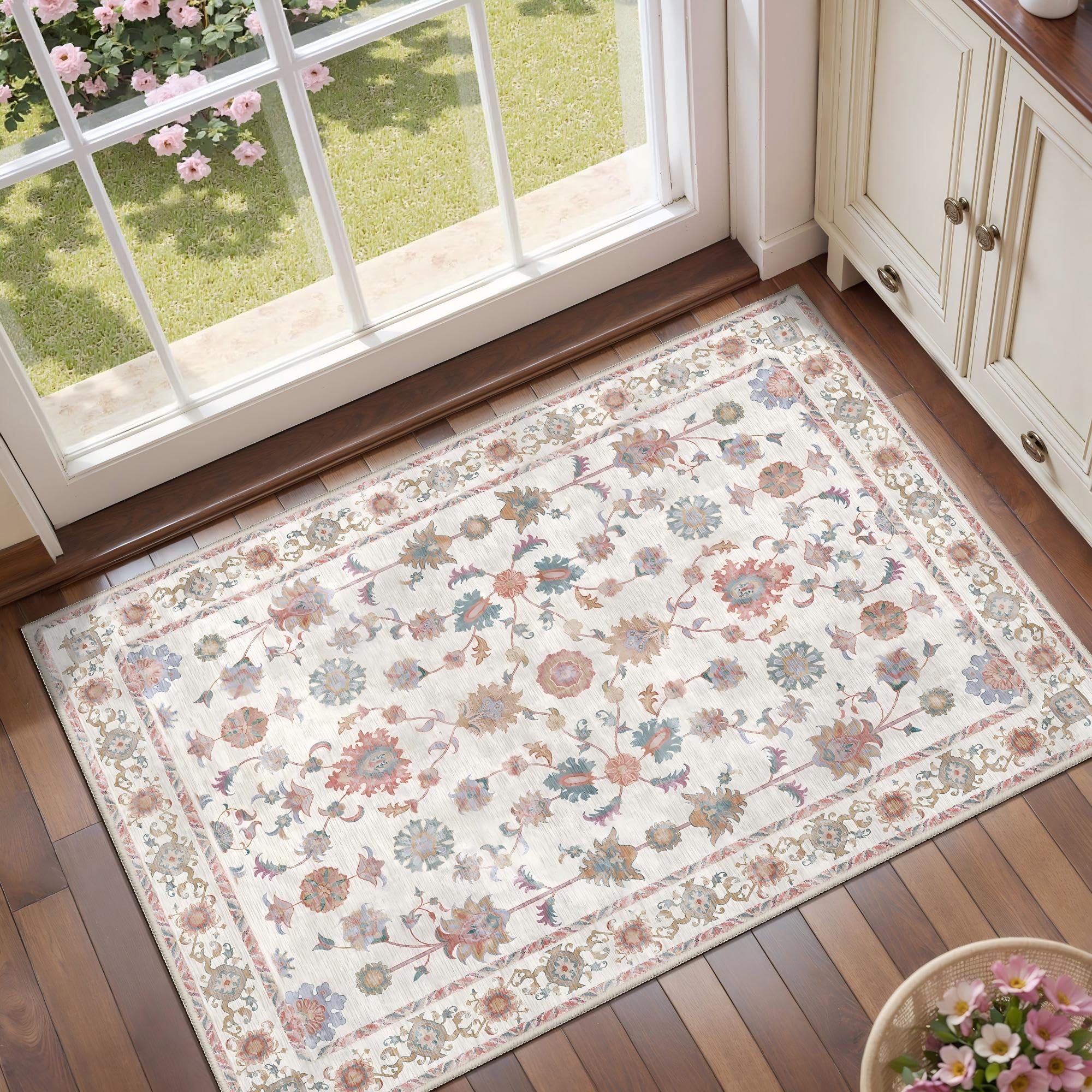 Tangsoo 2x3 Small Throw Rugs for Entryway Washable Entry Rug Non Slip, Vintage Floral Indoor Rugs Distressed White Small Carpet Soft Low Pile Boho