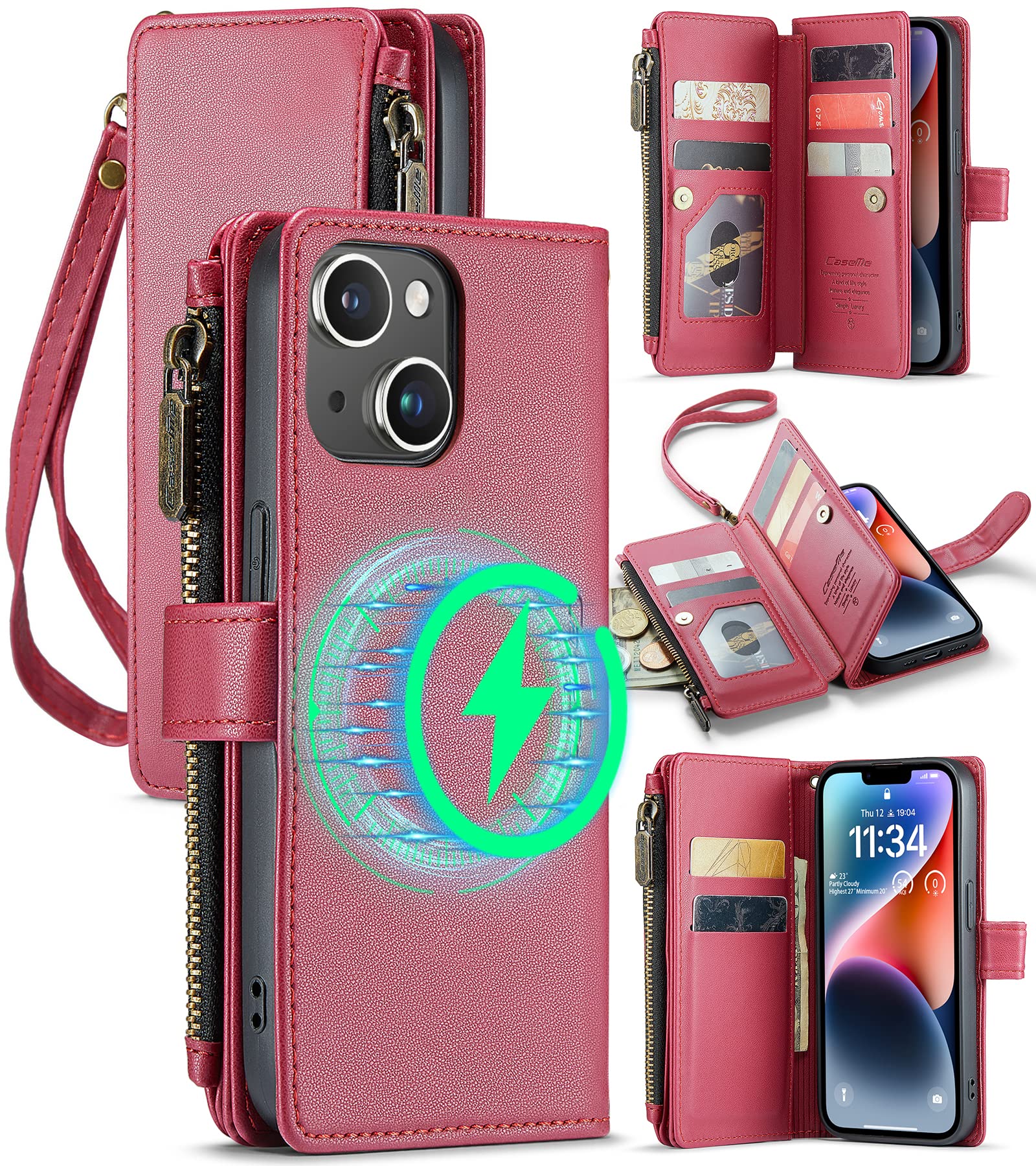 FLIPALM Wallet Case for iPhone 14(6.1") Flip Case,Compatible with MagSafe Charger,PU Leather Zipper Protective Lanyard Strap Wristlet Case with Magnetic Closure and Card Holder Rose Red