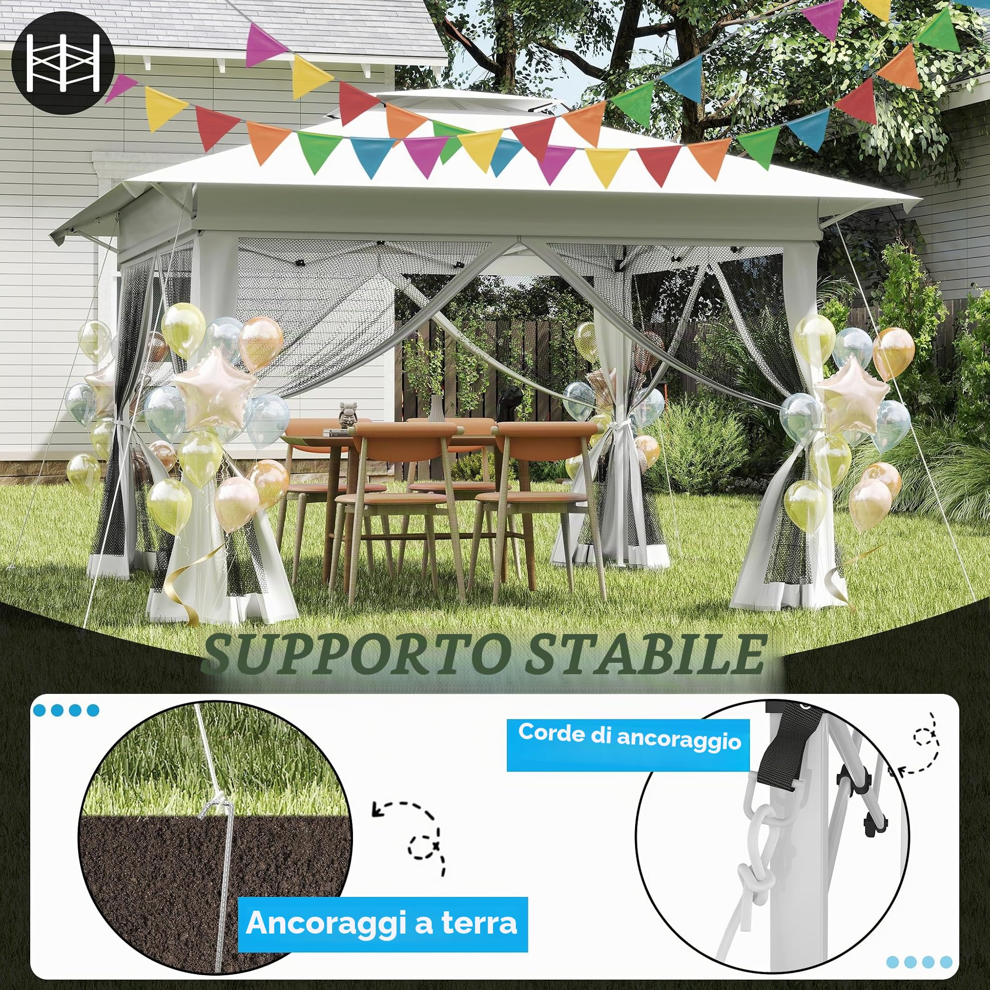 FIVMEN Padiglione 4x4 pop-up, stabile, resistente all'inverno, padiglione pieghevole, altezza regolabile con doppio tetto e 4 zanzariere, parti laterali, padiglione da giardino, con borsa per il