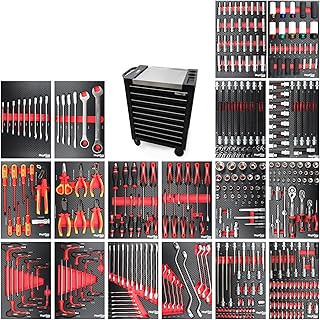 Mephisto ProLine 'Full Black' Werkstattwagen mit 9 Schubladen Davon 9 mit Werkzeug wie Schraubenschlüssel, Ratsche mit Nusskasten, Schraubendreher, VDE in Soft Inlays in Carbonoptik befüllt